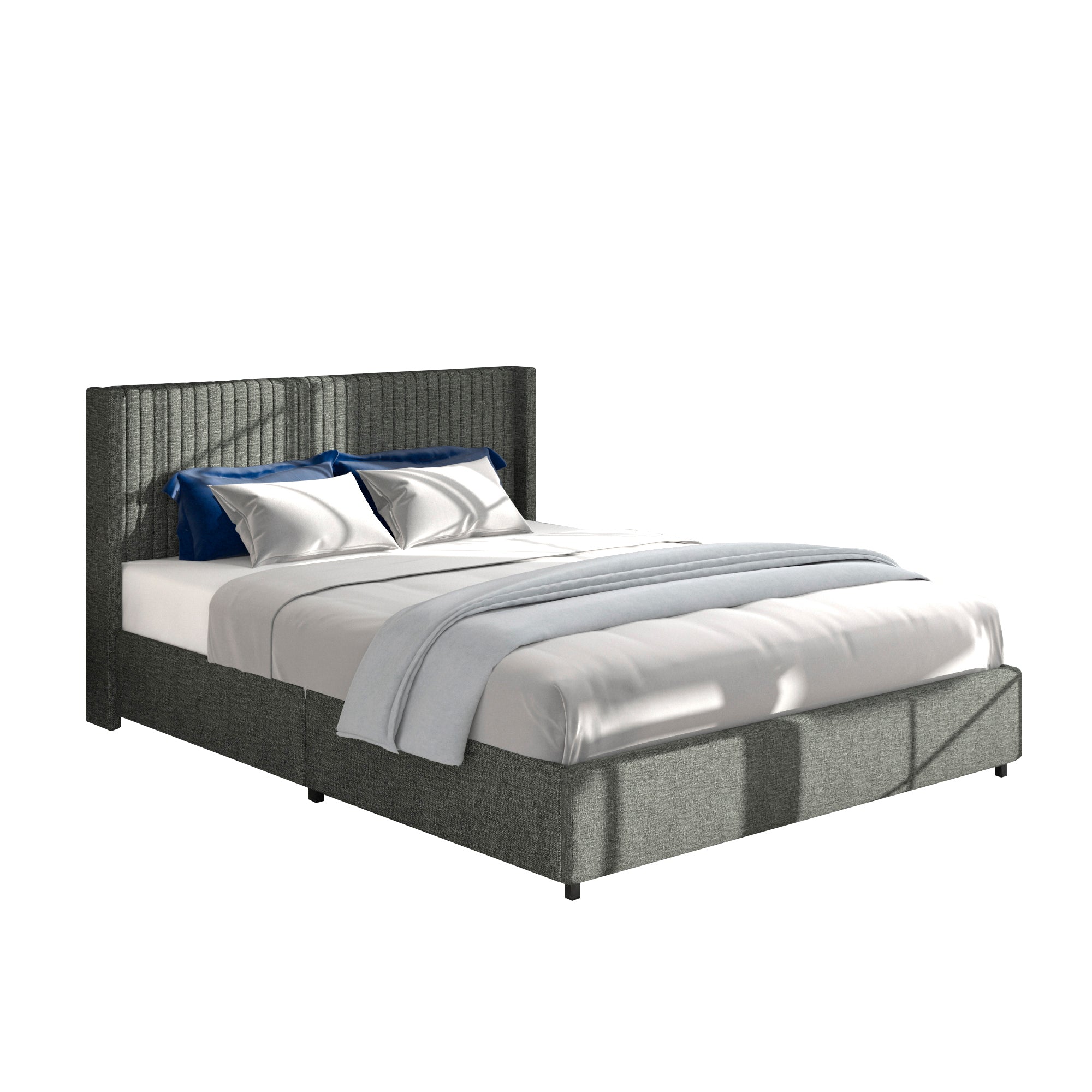 Anna Queen Size Gray Linen Upholstered Wingback Platform Bed with Patented 4 Drawers Storage - Tuesday Morning - Beds & Bed Frames