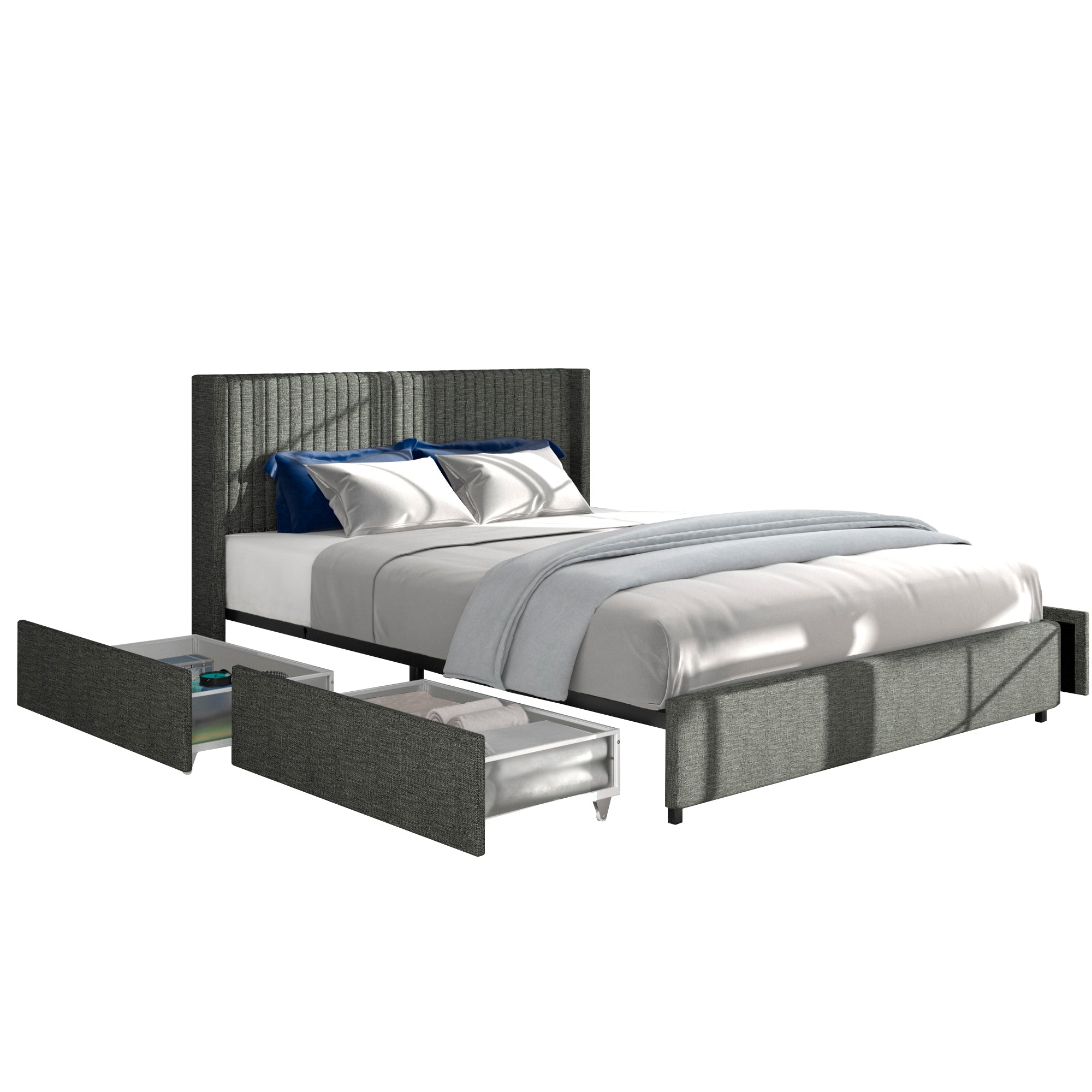 Anna Queen Size Gray Linen Upholstered Wingback Platform Bed with Patented 4 Drawers Storage - Tuesday Morning - Beds & Bed Frames