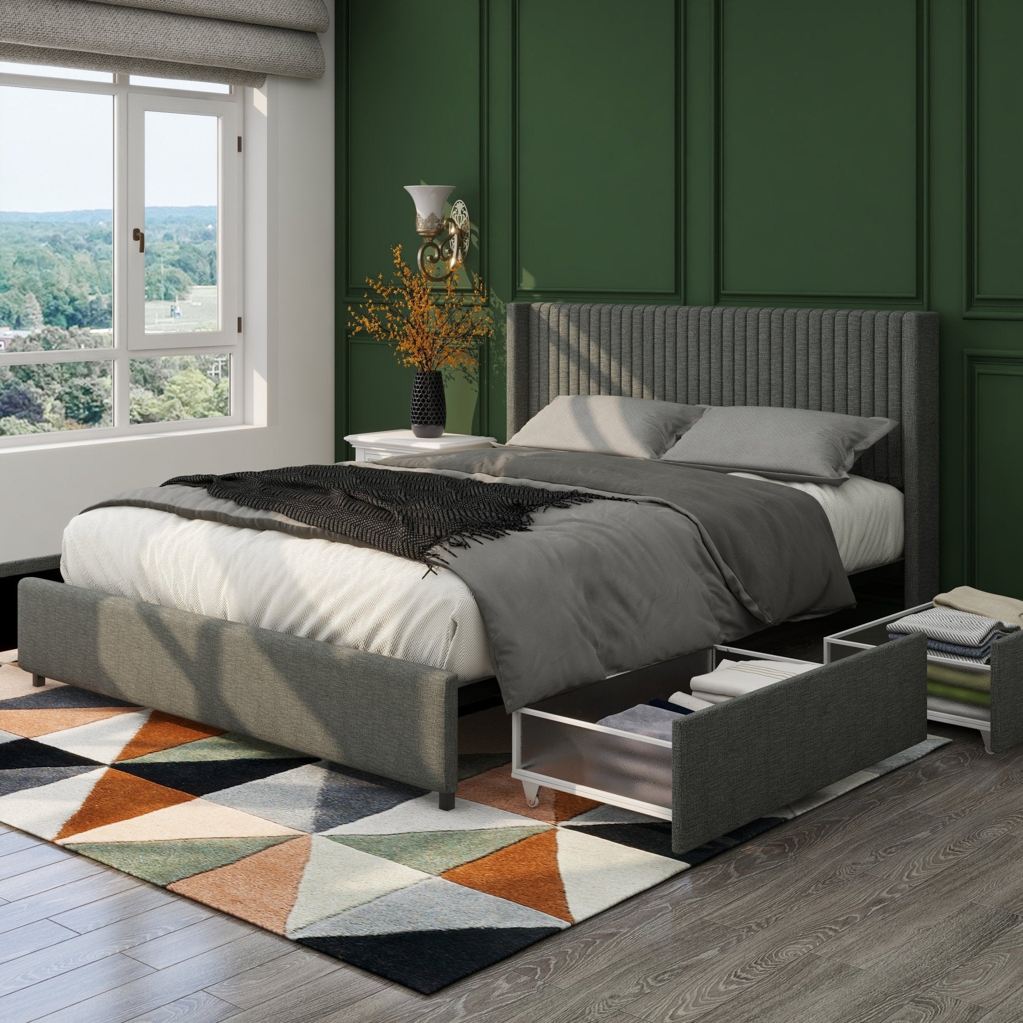 Anna Queen Size Gray Linen Upholstered Wingback Platform Bed with Patented 4 Drawers Storage - Tuesday Morning - Beds & Bed Frames