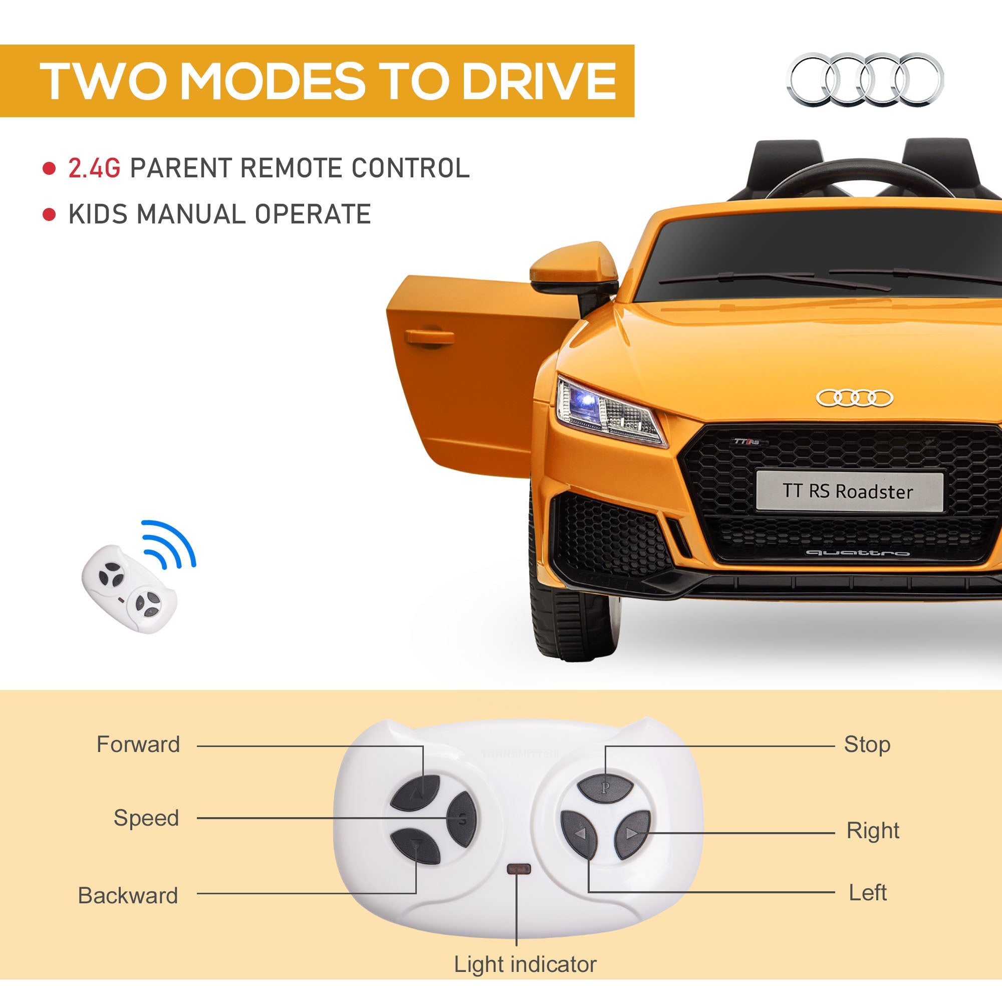 Aosom 6V Kids Electric Ride On Car, Licensed Audi TT RS with Suspension System and Remote Control, Horn, 5 Songs, Lights, MP3 Player - Yellow - Tuesday Morning - Riding Toys