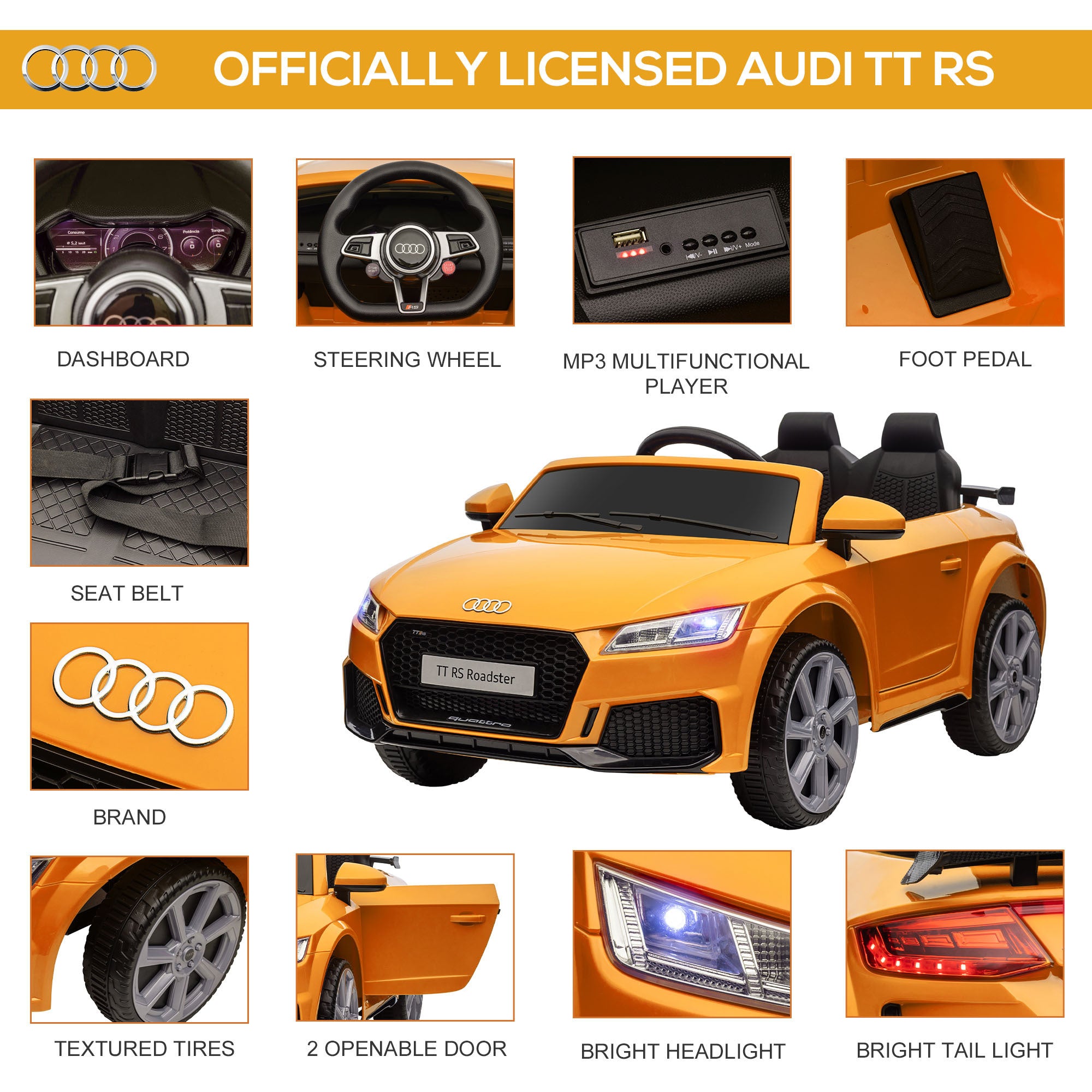 Aosom 6V Kids Electric Ride On Car, Licensed Audi TT RS with Suspension System and Remote Control, Horn, 5 Songs, Lights, MP3 Player - Yellow - Tuesday Morning - Riding Toys