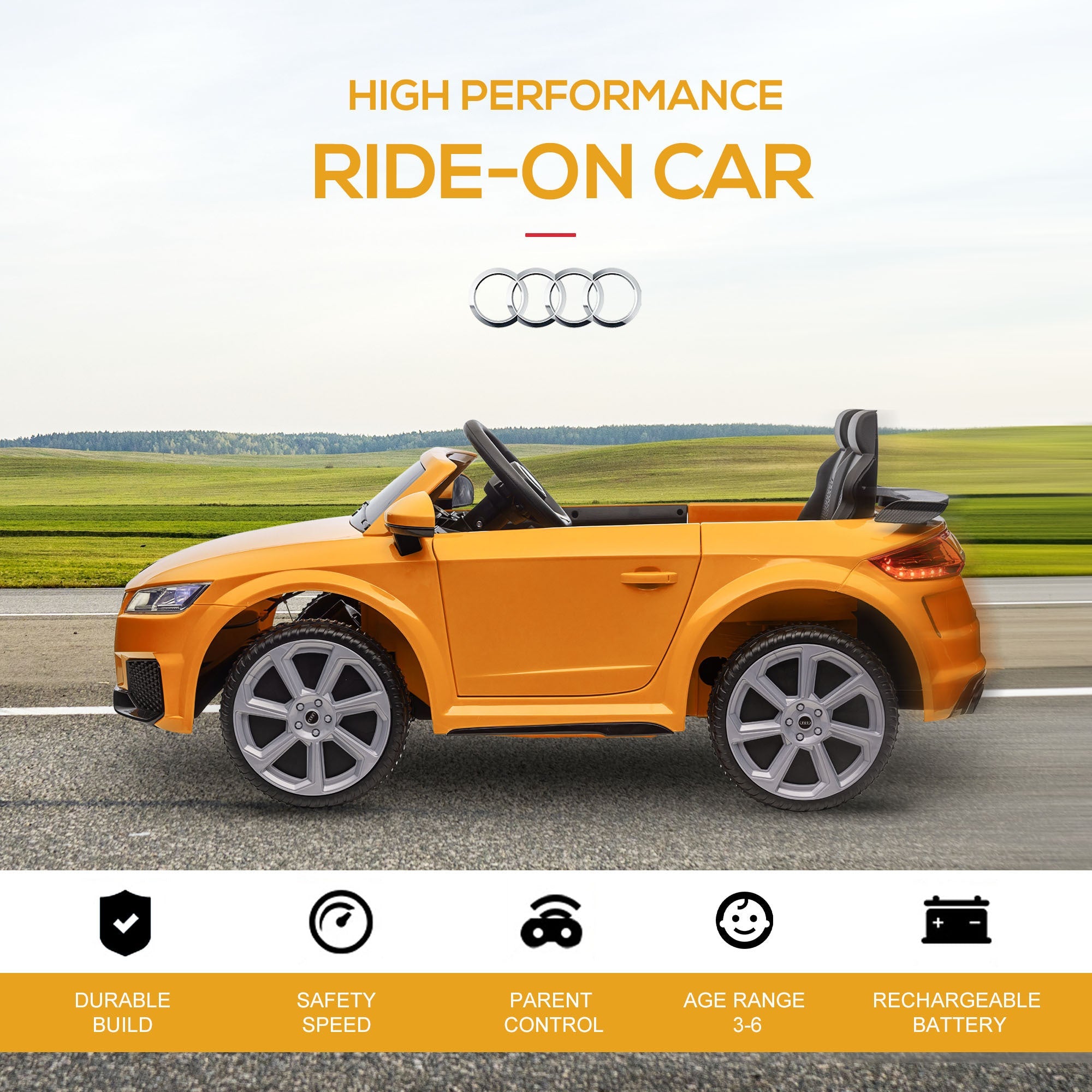 Aosom 6V Kids Electric Ride On Car, Licensed Audi TT RS with Suspension System and Remote Control, Horn, 5 Songs, Lights, MP3 Player - Yellow - Tuesday Morning - Riding Toys