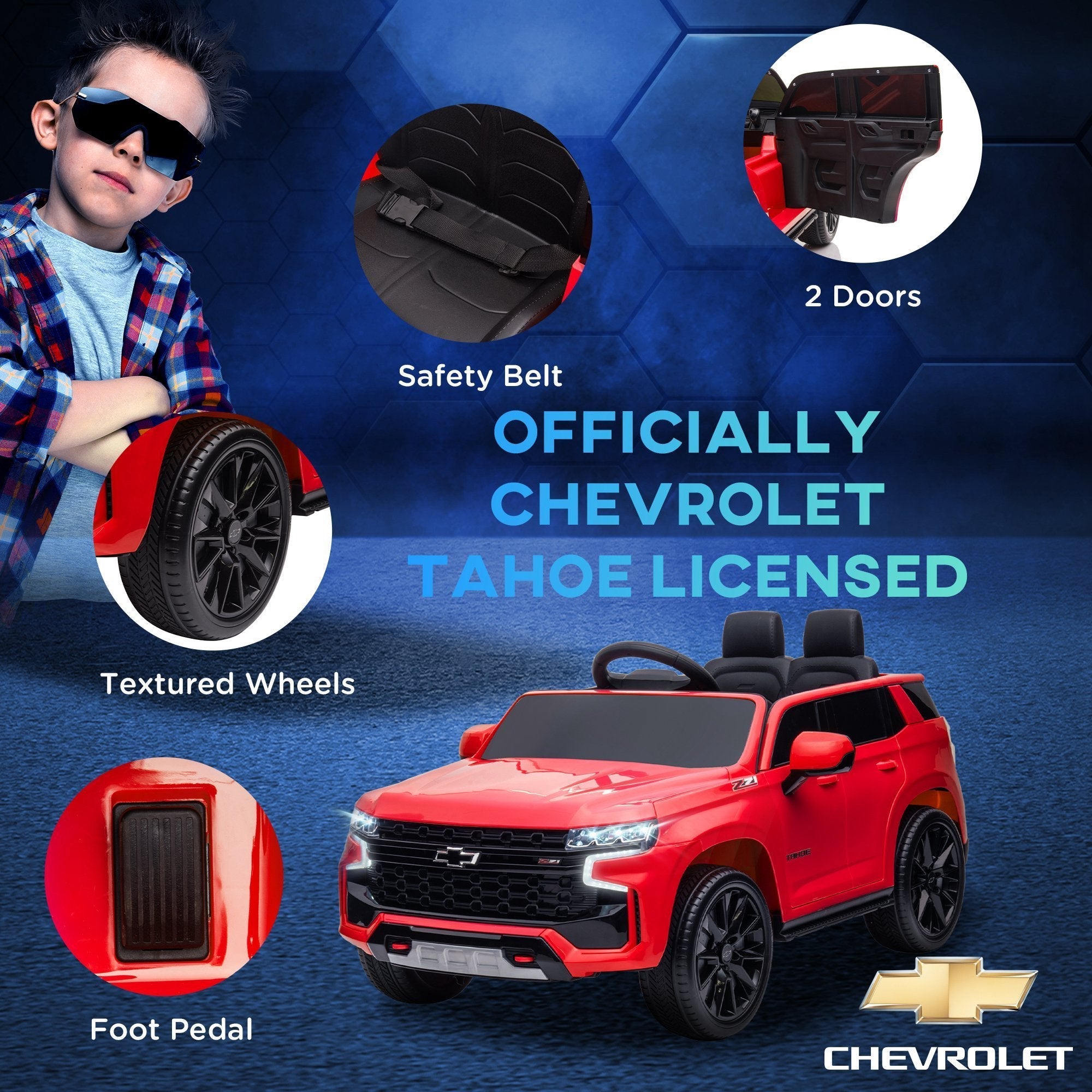 Aosom Chevrolet TAHOE Licensed Kids Ride on Car, 12V Battery Powered Kids Electric Car with Remote Control, Music, Lights, Horn, Suspension for 3 - 6 Years Old, Red - Tuesday Morning - Riding Toys