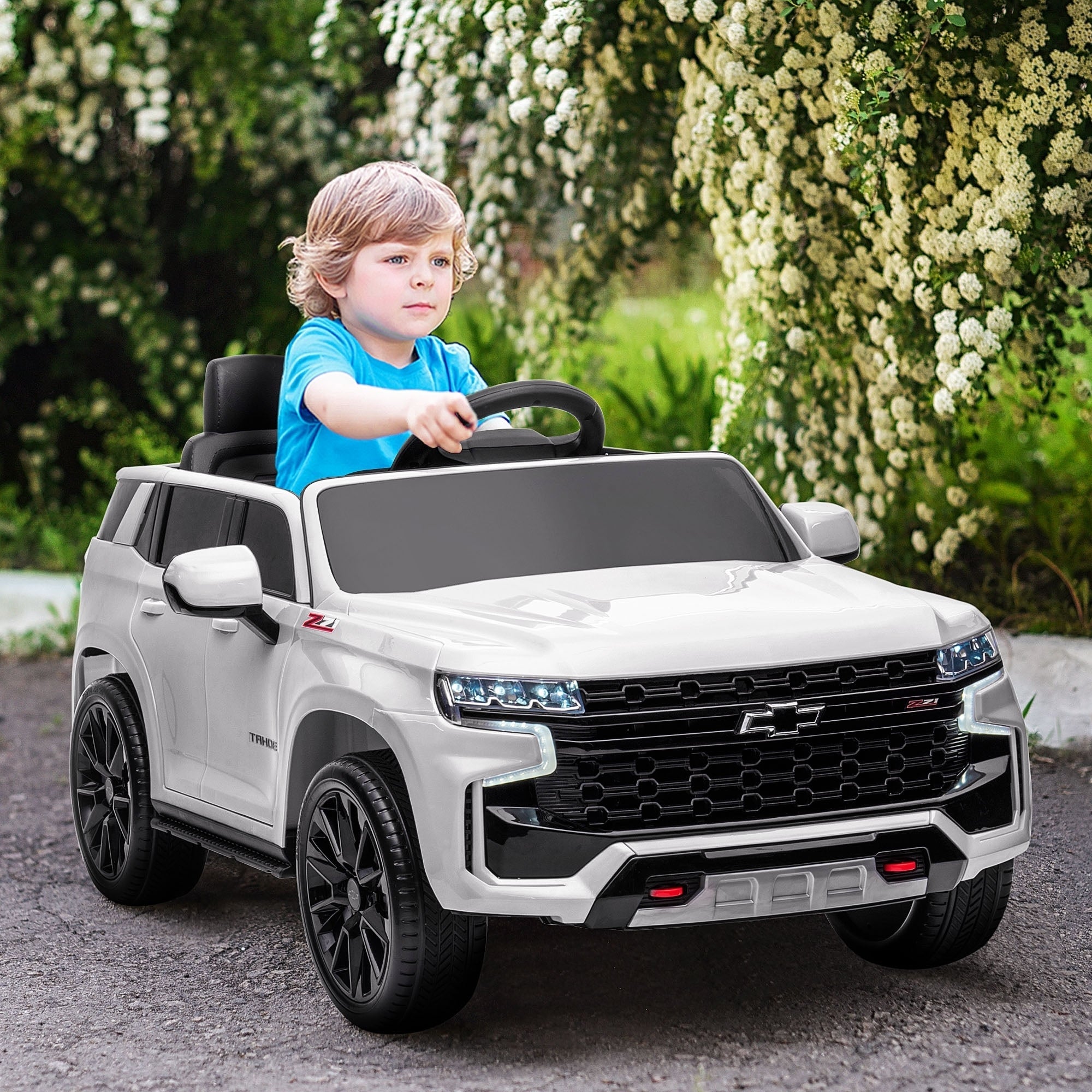 Aosom Chevrolet TAHOE Licensed Kids Ride on Car, 12V Battery Powered Kids Electric Car with Remote Control, Music, Lights, Horn, Suspension for 3 - 6 Years Old, White - Tuesday Morning - Riding Toys