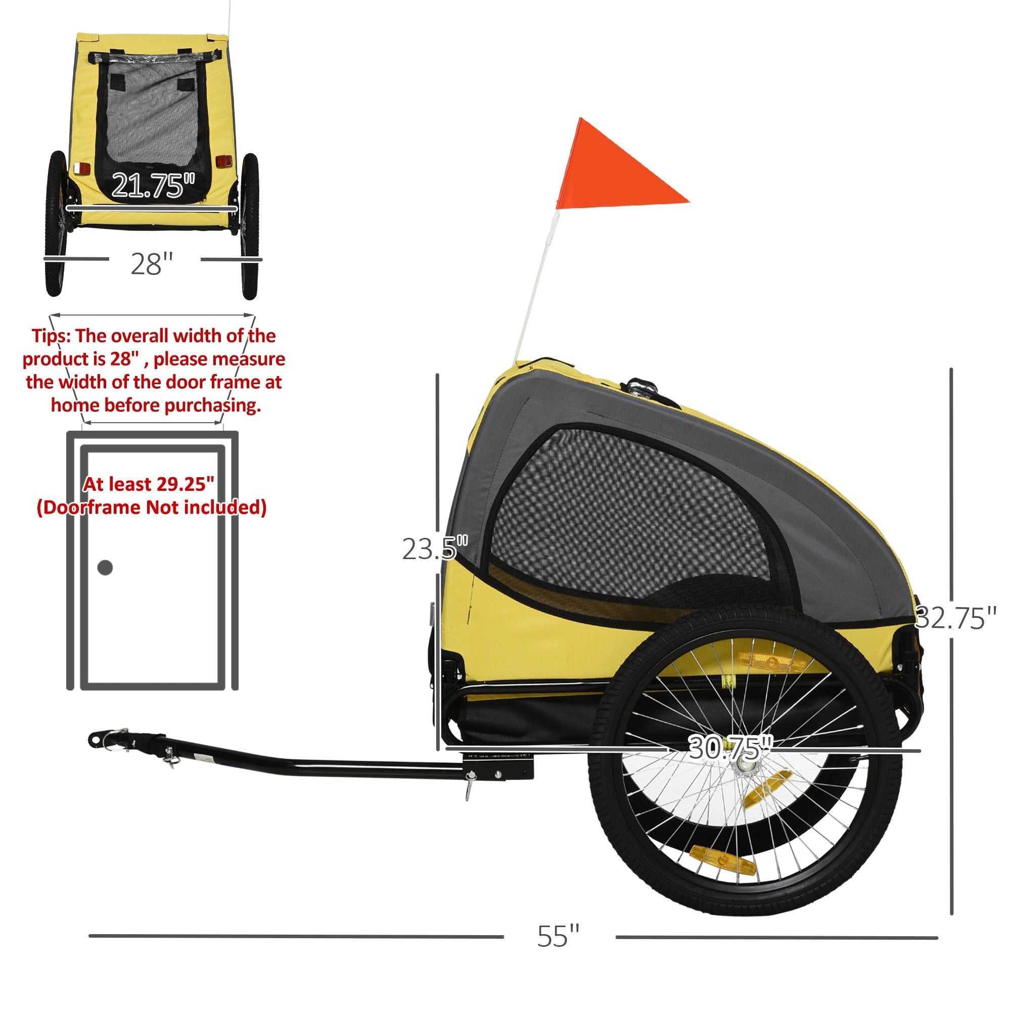 Aosom Dog Bike Trailer, Pet Bike Wagon with Steel Frame, Hitch Coupler, Quick Release Wheels, Reflectors, Flag, Pet Travel Carrier for Medium Dogs, Yellow - Tuesday Morning - Pet Supplies