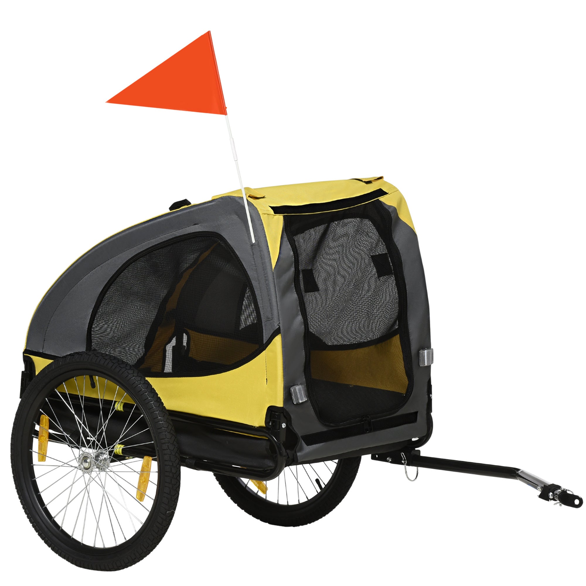 Aosom Dog Bike Trailer, Pet Bike Wagon with Steel Frame, Hitch Coupler, Quick Release Wheels, Reflectors, Flag, Pet Travel Carrier for Medium Dogs, Yellow - Tuesday Morning - Pet Supplies