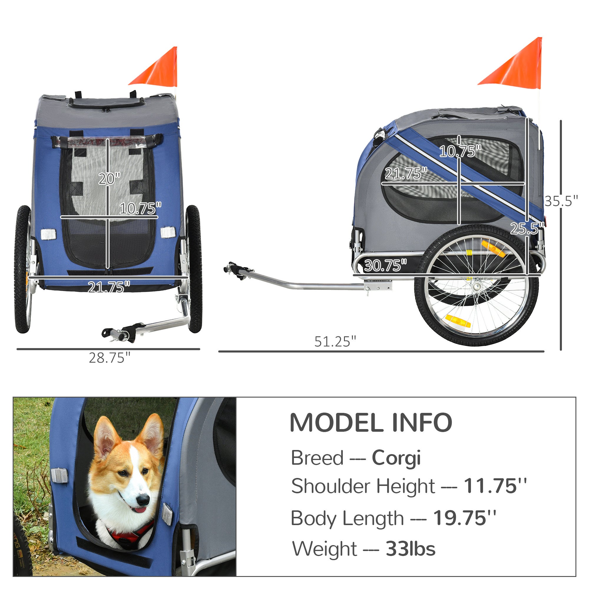 Aosom Dog Bike Trailer Pet Cart Bicycle Wagon Cargo Carrier Attachment for Travel with 3 Entrances Large Wheels for Off - Road & Mesh Screen - Blue / Grey - Tuesday Morning - Pet Supplies