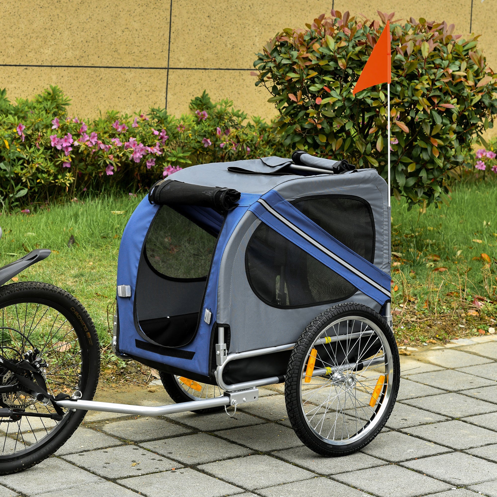 Aosom Dog Bike Trailer Pet Cart Bicycle Wagon Cargo Carrier Attachment for Travel with 3 Entrances Large Wheels for Off - Road & Mesh Screen - Blue / Grey - Tuesday Morning - Pet Supplies