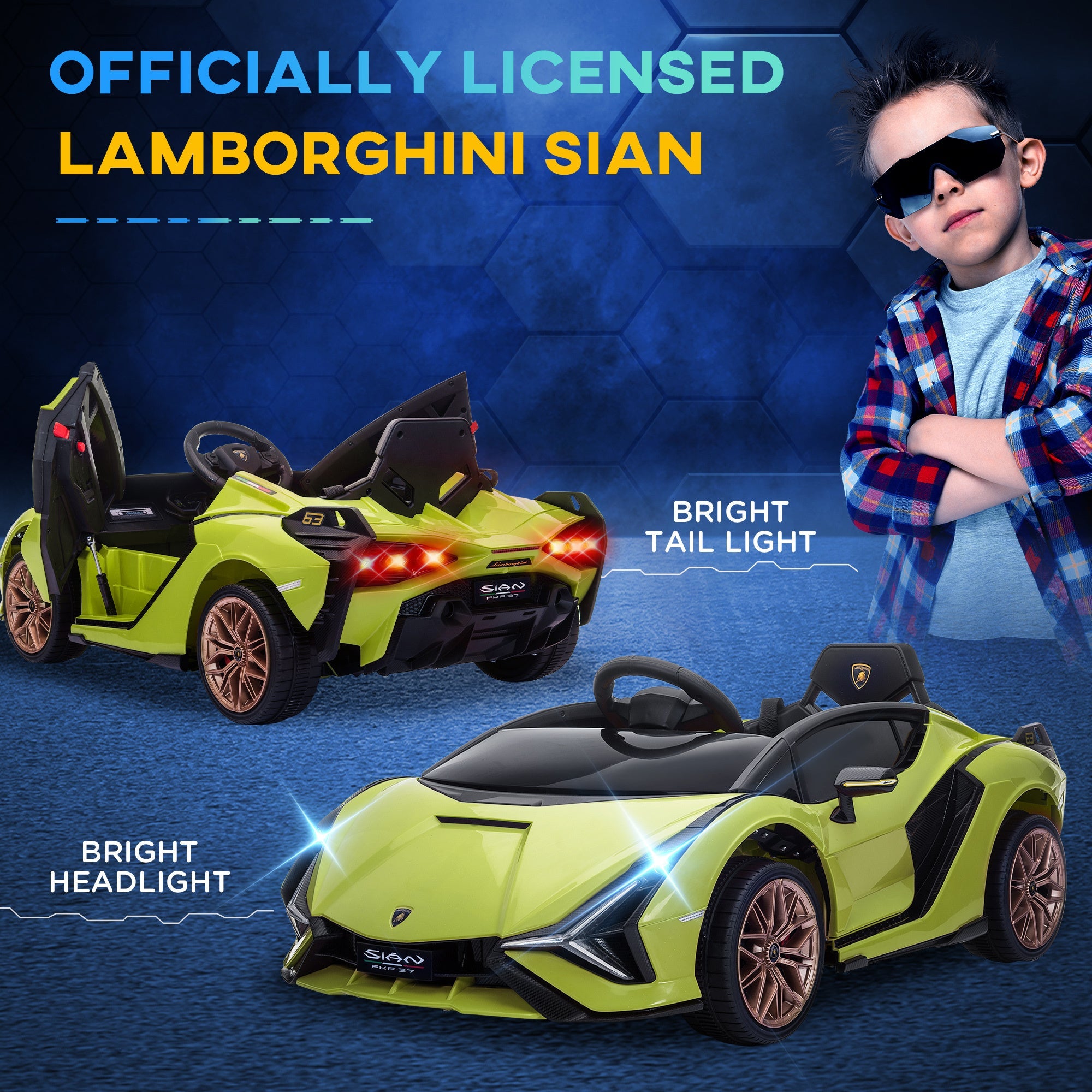 Aosom Lamborghini SIAN Licensed Kids Ride On Car, 12V Battery Powered Electric Sports Car Toy with Remote Control, Horn, Music, & Headlights for 3 - 5 Years Old， Green - Tuesday Morning - Riding Toys