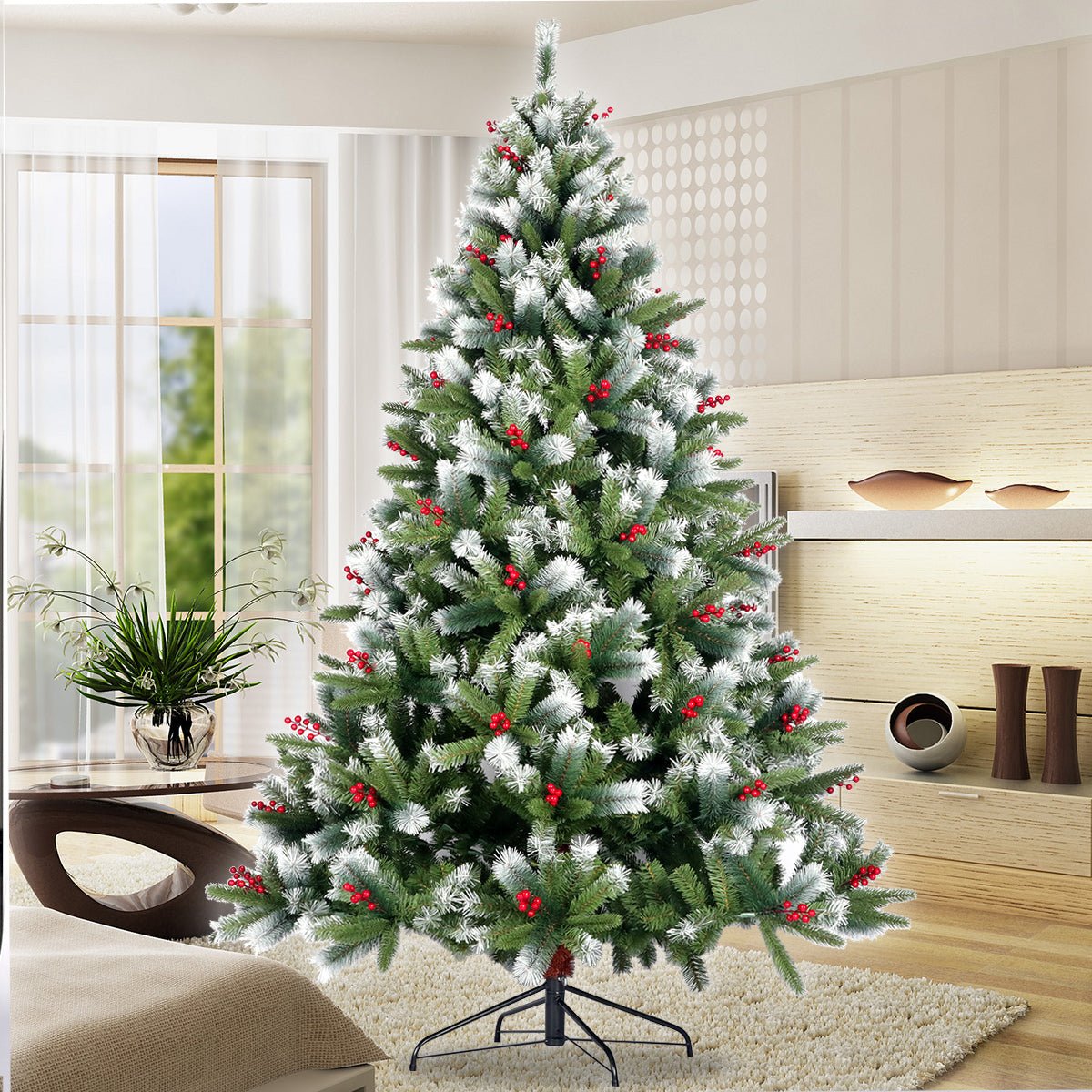 Artificial Christmas Tree Flocked Pine Needle Tree with Cones Red Berries 7.5 ft Foldable Stand - Tuesday Morning - Decorative Objects