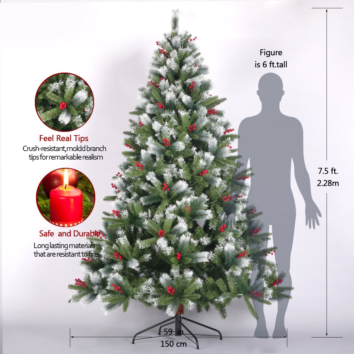 Artificial Christmas Tree Flocked Pine Needle Tree with Cones Red Berries 7.5 ft Foldable Stand - Tuesday Morning - Decorative Objects