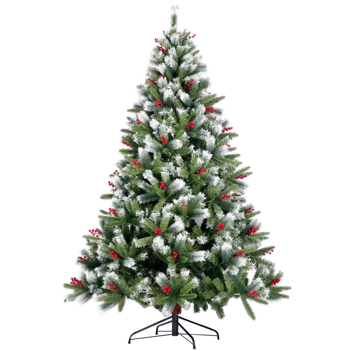 Artificial Christmas Tree Flocked Pine Needle Tree with Cones Red Berries 7.5 ft Foldable Stand - Tuesday Morning - Decorative Objects