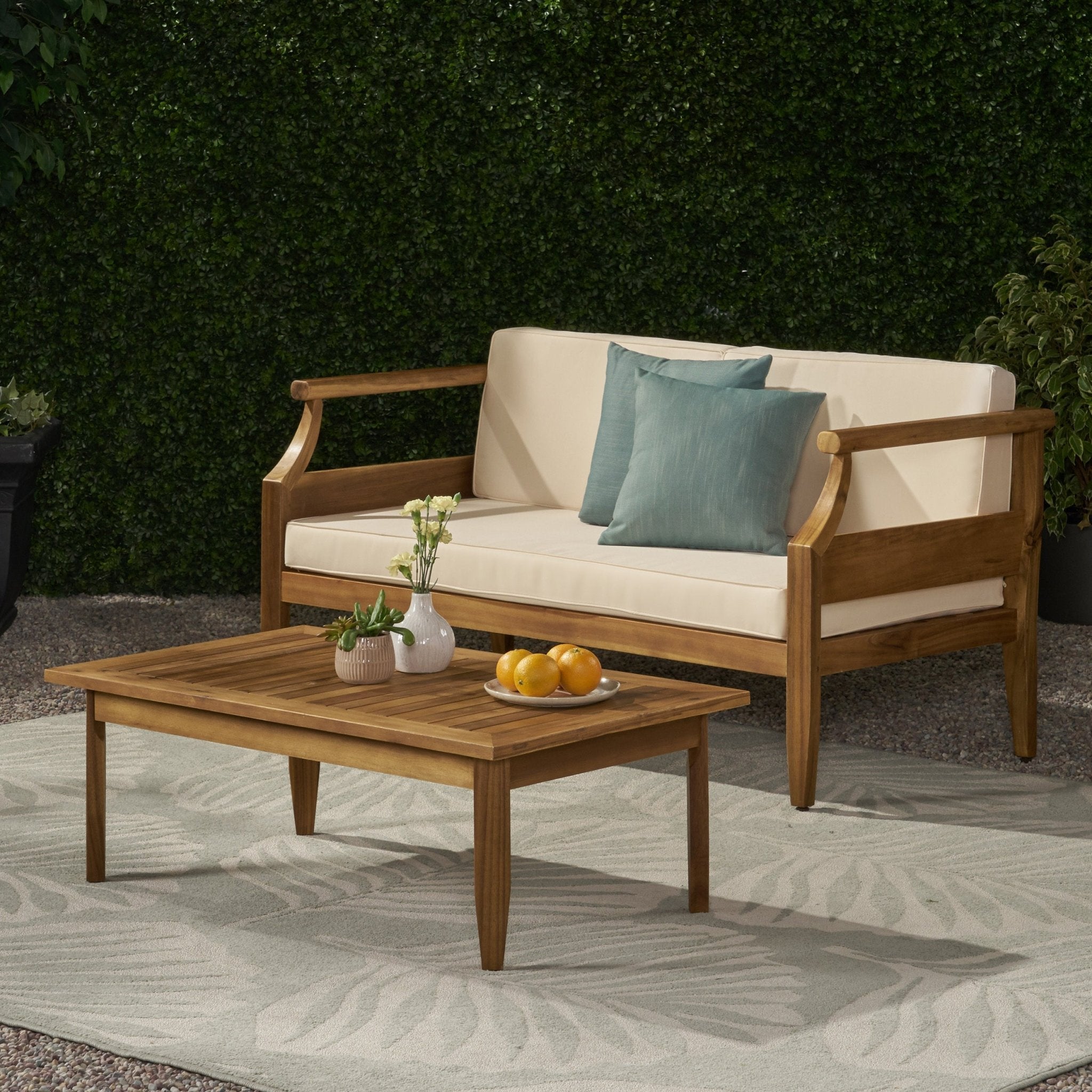 Aston Acacia Wood Outdoor Loveseat Set - Loveseat&Coffee Table Teak Finish + Cream Cushion - Tuesday Morning - Outdoor Furniture Sets