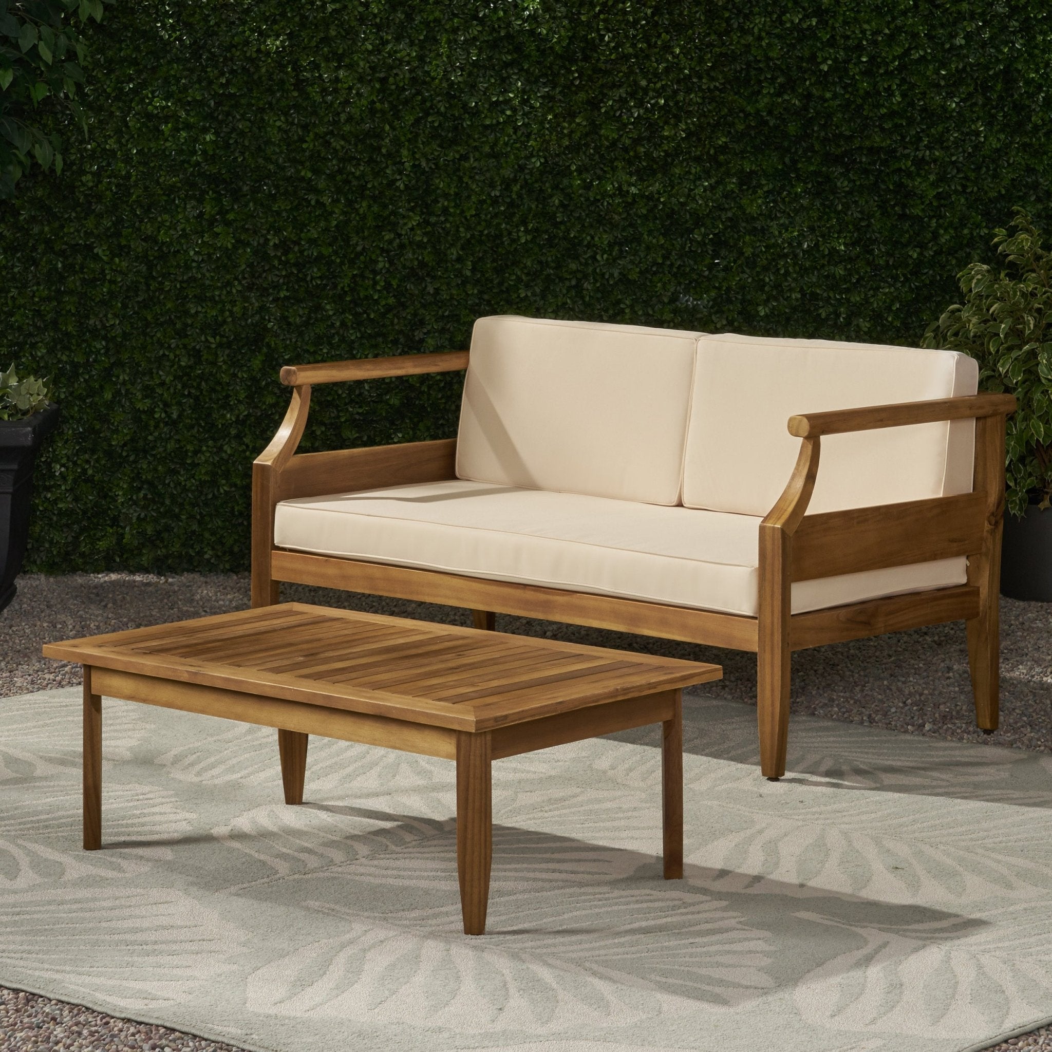 Aston Acacia Wood Outdoor Loveseat Set - Loveseat&Coffee Table Teak Finish + Cream Cushion - Tuesday Morning - Outdoor Furniture Sets