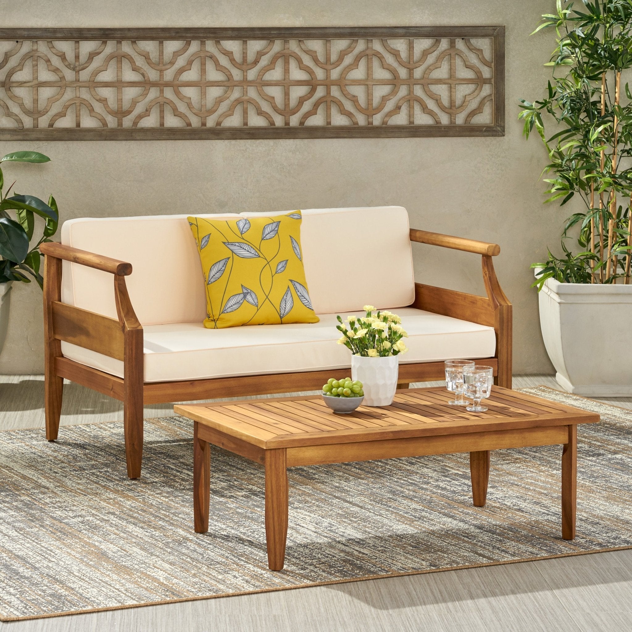 Aston Acacia Wood Outdoor Loveseat Set - Loveseat&Coffee Table Teak Finish + Cream Cushion - Tuesday Morning - Outdoor Furniture Sets