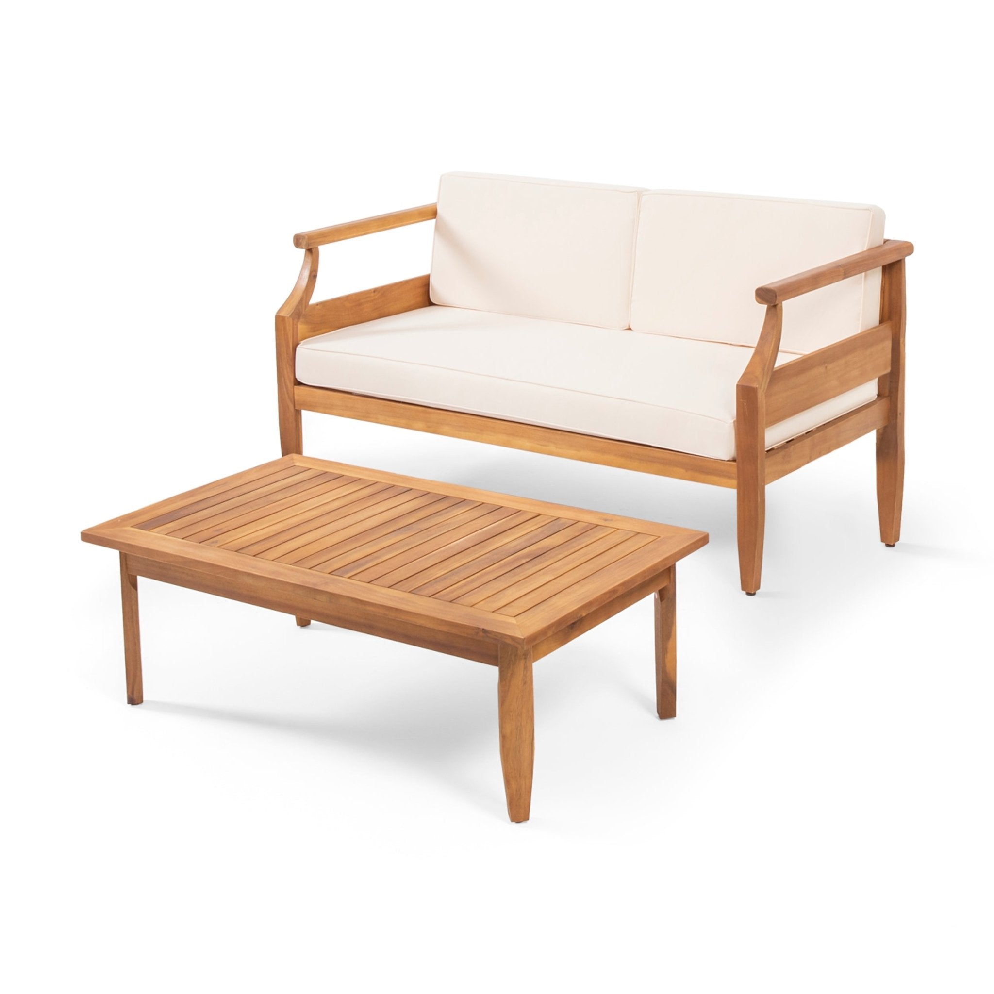 Aston Acacia Wood Outdoor Loveseat Set - Loveseat&Coffee Table Teak Finish + Cream Cushion - Tuesday Morning - Outdoor Furniture Sets