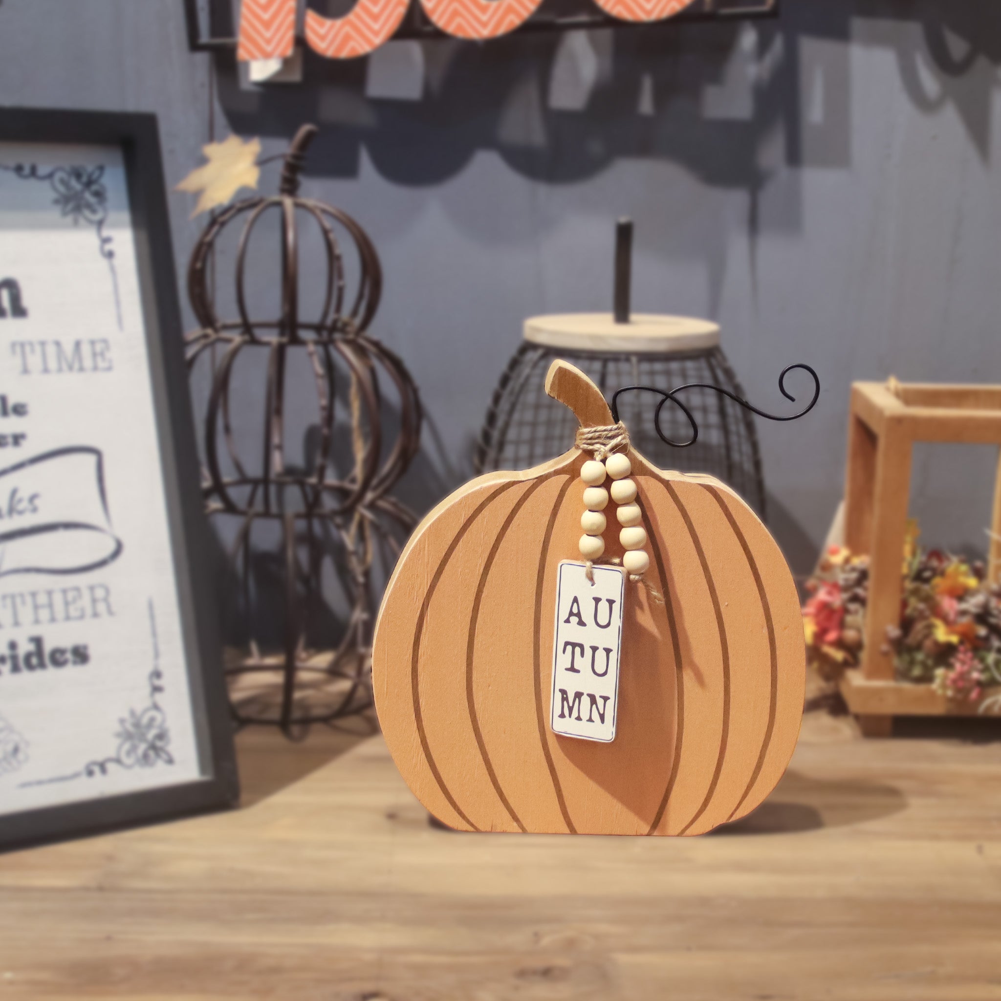 Autumn Pumpkin Sign Decoration with Wooden Beads Garland - Tuesday Morning - Decorative Accessories