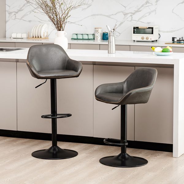 Set of 2 Leather Adjustable Swivel Bar Stools