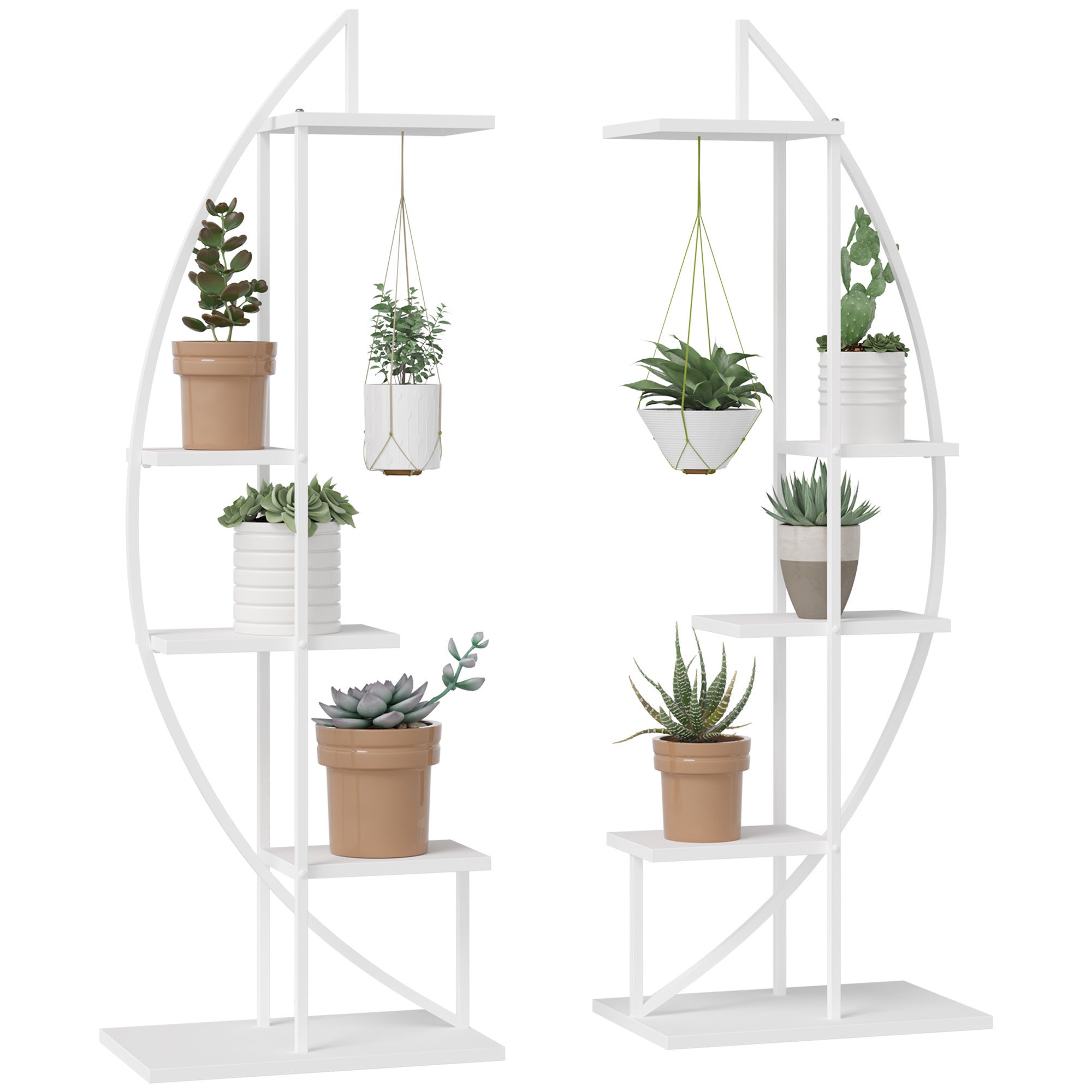 5-Tier-Metal-Plant-Stand-with-Hangers,-Half-Moon-Shape-Flower-Pot-Display-Shelf-for-Living-Room-Patio-Garden-Balcony-Decor,-White-Pots-&-Planters