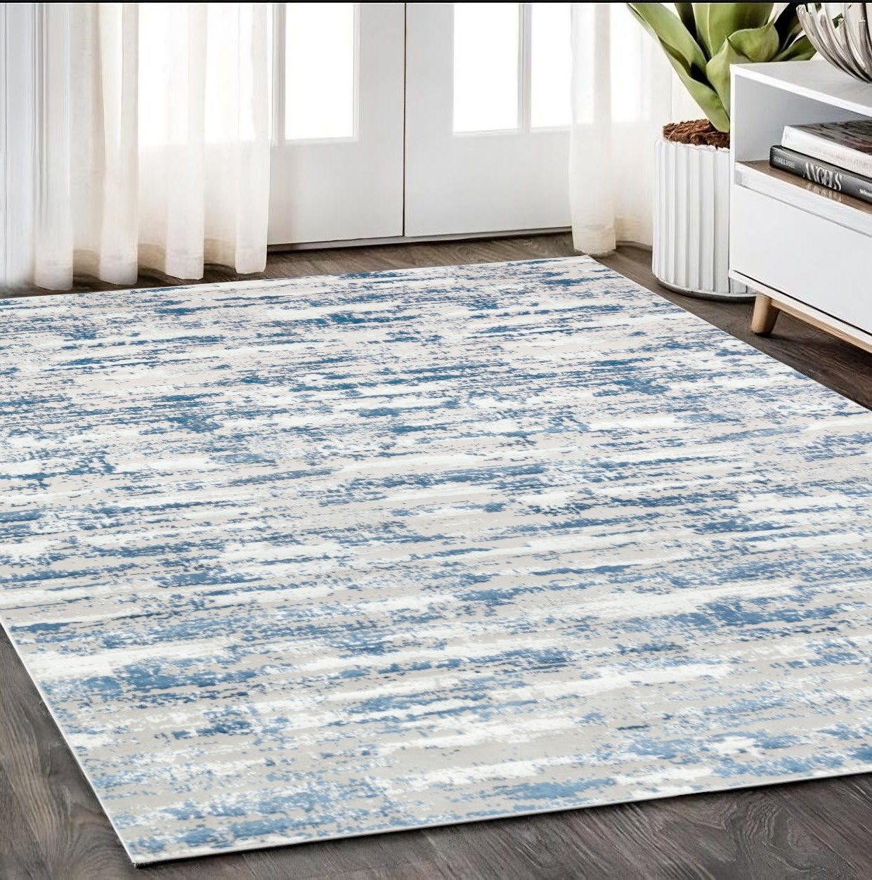 Navy Blue Abstract Washable Non Skid Area Rug