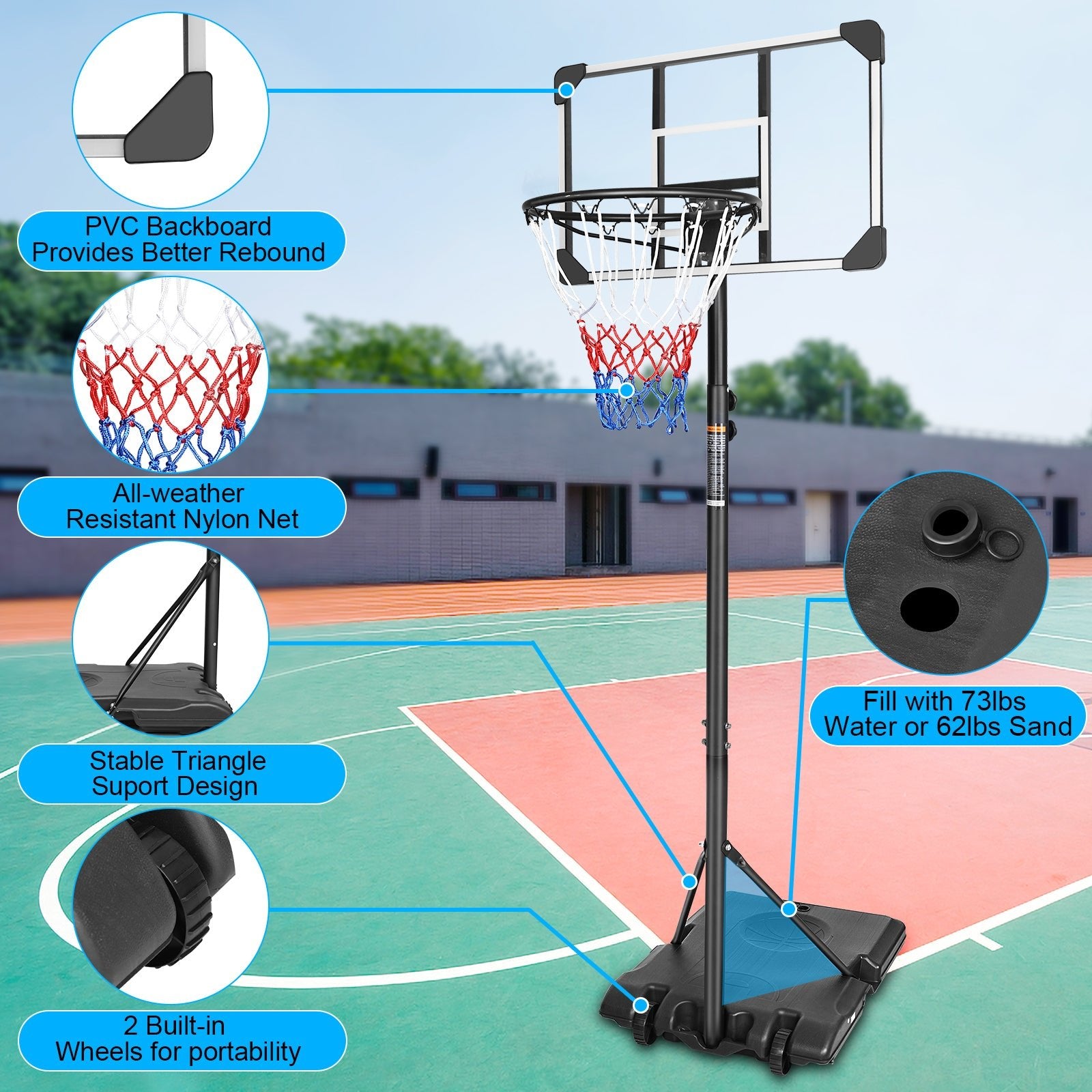 Basketball Goal Portable Basketball Hoop Indoor Outdoor Basketball Stand 5.6 - 7ft Adjustable 28in Backboard with Wheels - Tuesday Morning - Exercise Equipment