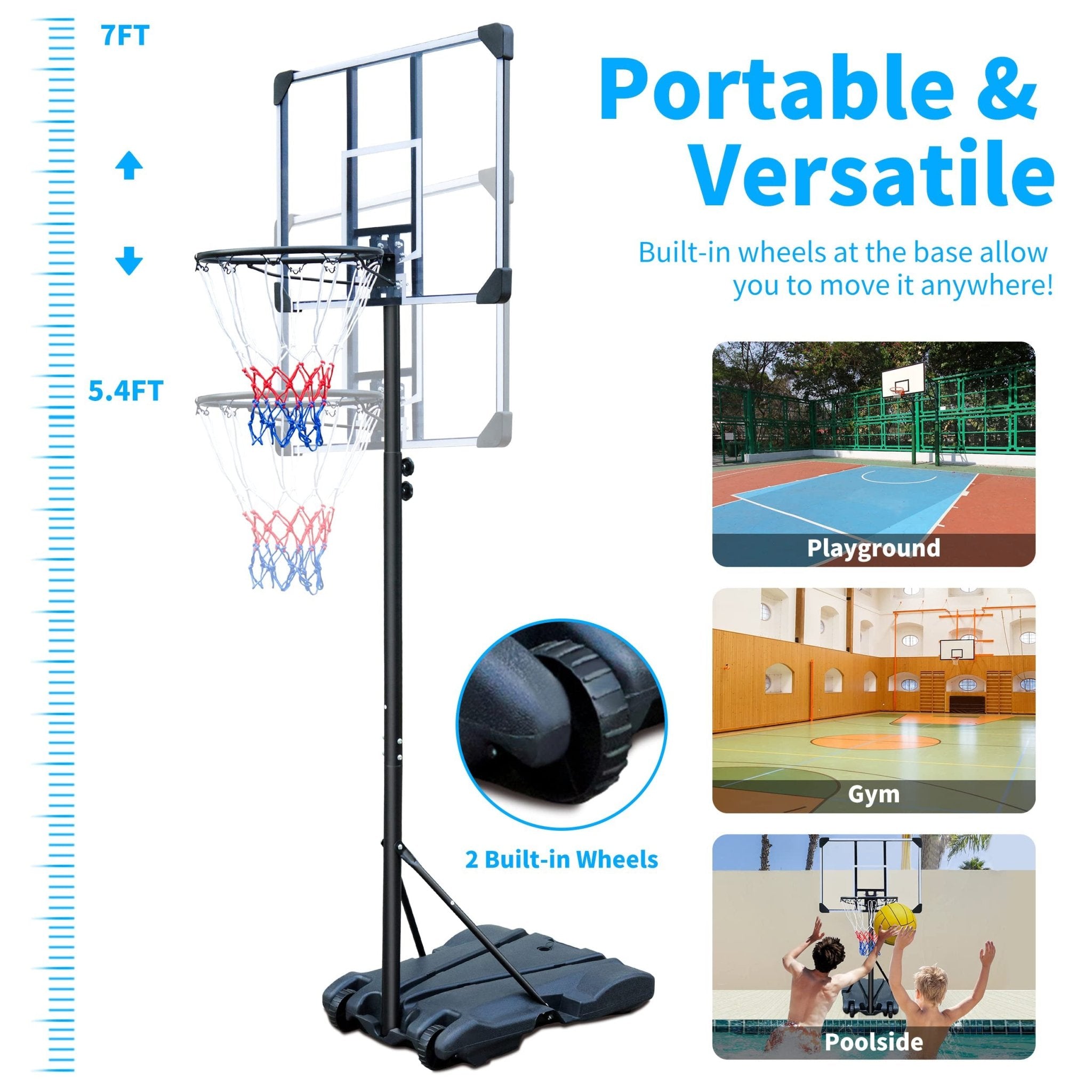 Basketball Hoop Portable Basketball Goal for Indoor Outdoor Basketball Stand 5.6 - 7 ft Adjustable 32 in Backboard with Wheels - Tuesday Morning - Exercise Equipment