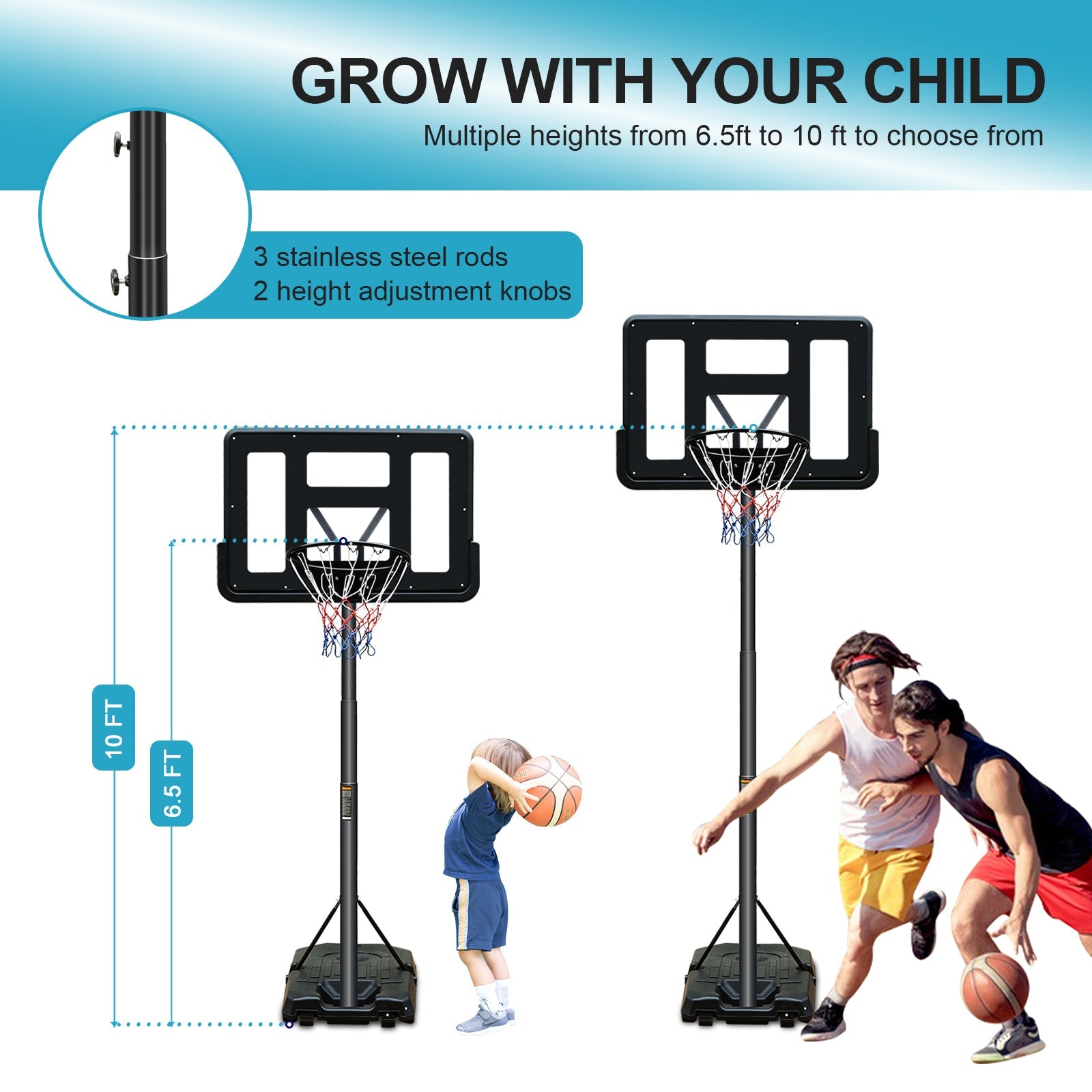 Basketball Hoop Portable Basketball Goal System 6.5 - 10ft Adjustable 44in Backboard for Indoor Outdoor Black - Tuesday Morning - Exercise Equipment