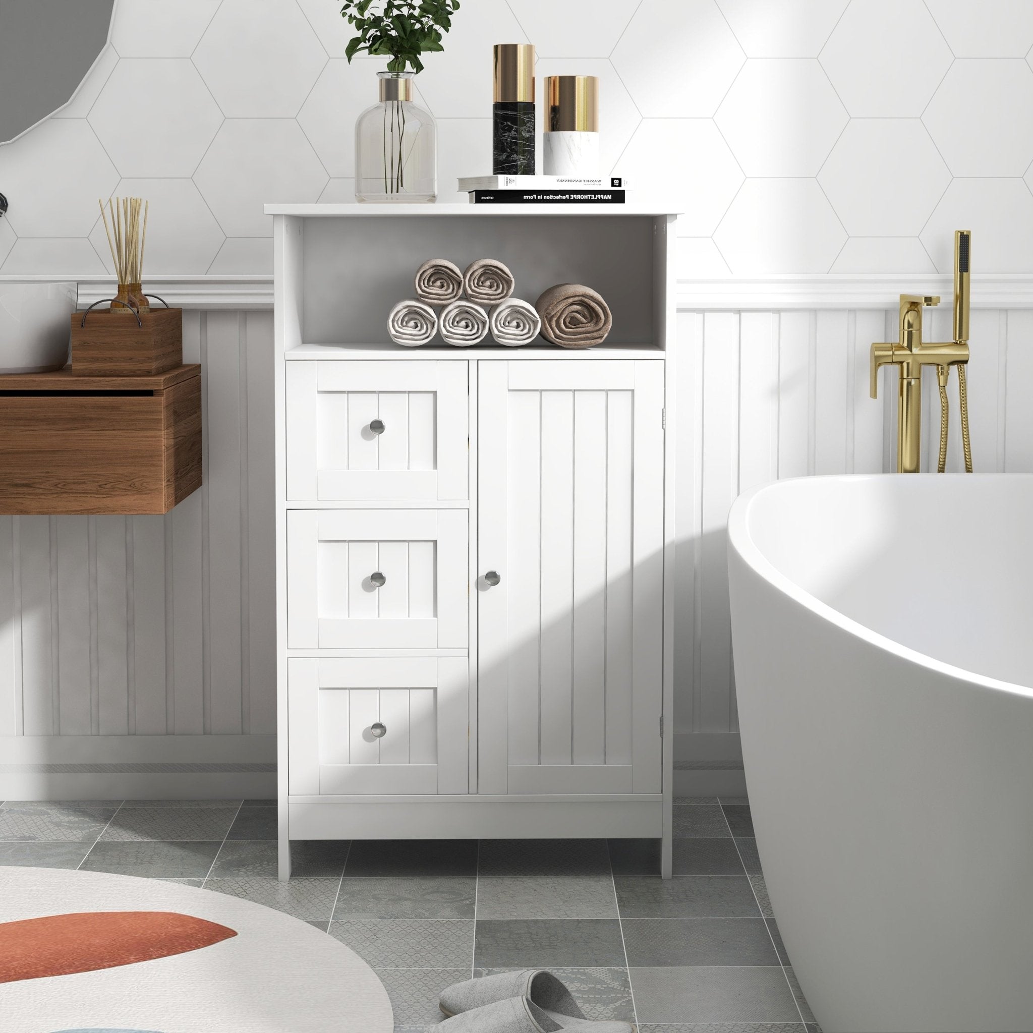 Bathroom standing storage cabinet with 3 drawers and 1 door - White - Tuesday Morning - Bathroom Cabinets & Storage