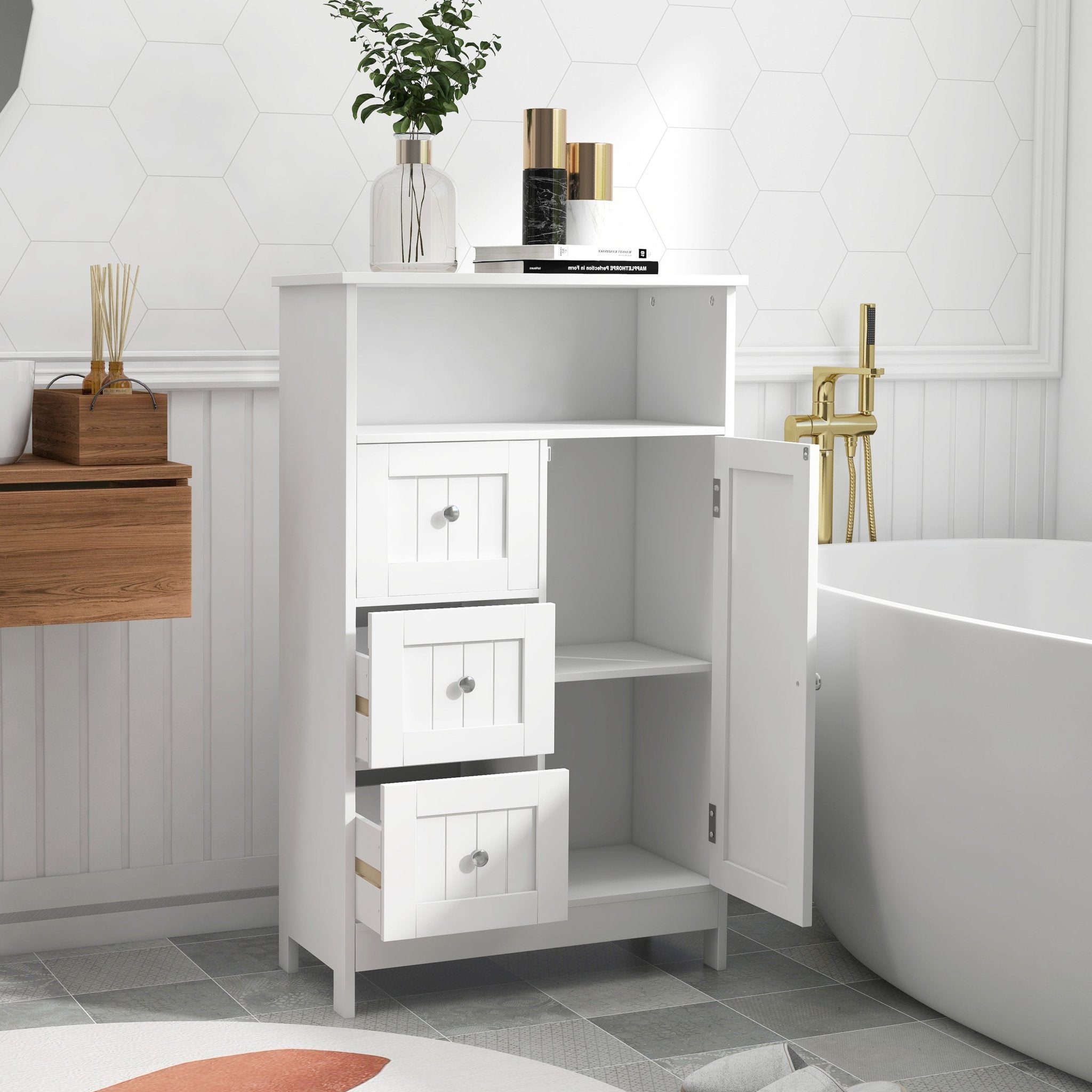 Bathroom standing storage cabinet with 3 drawers and 1 door - White - Tuesday Morning - Bathroom Cabinets & Storage