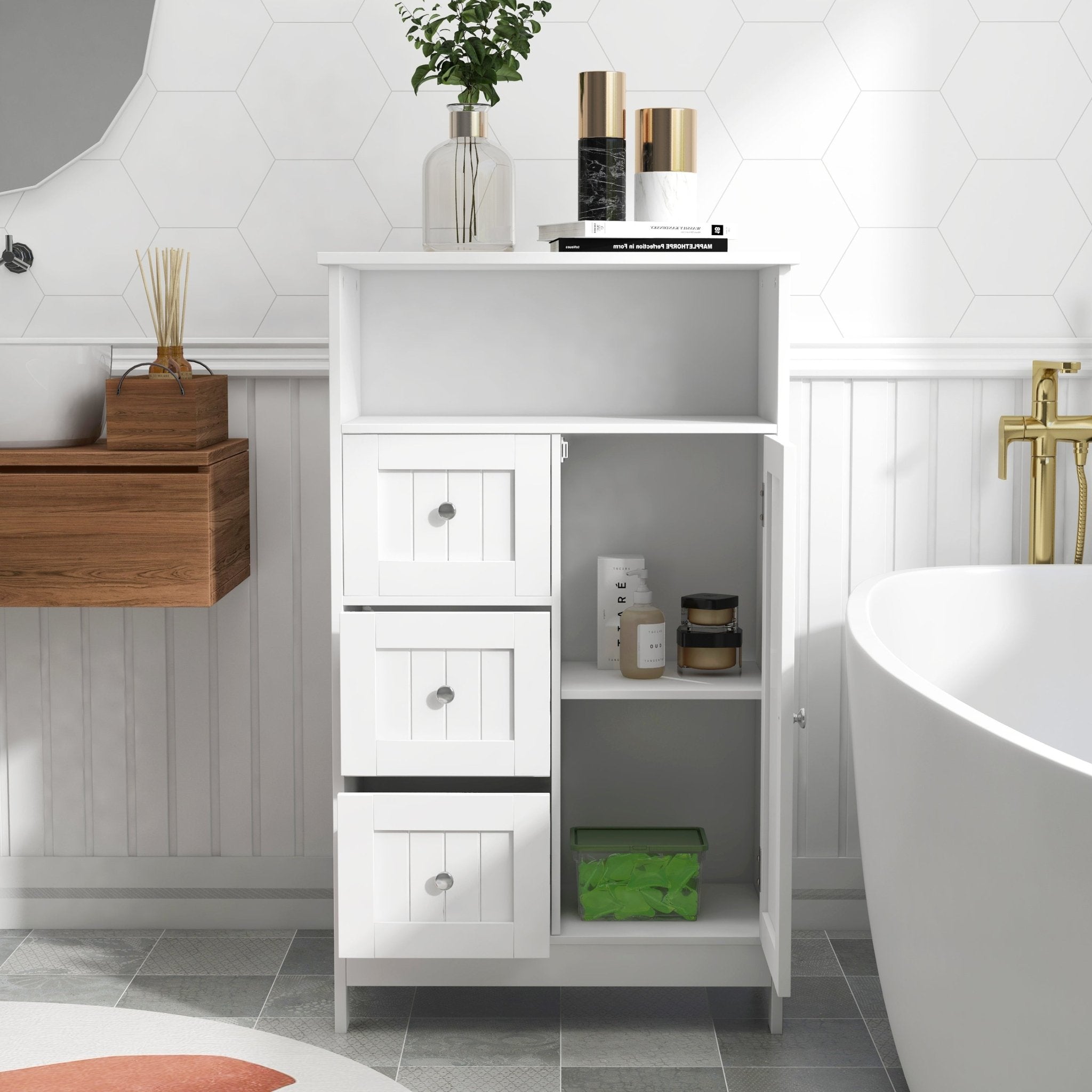 Bathroom standing storage cabinet with 3 drawers and 1 door - White - Tuesday Morning - Bathroom Cabinets & Storage