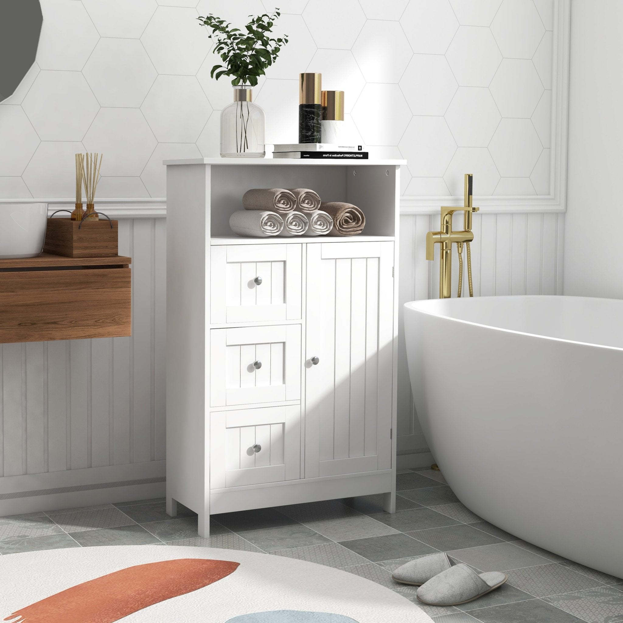 Bathroom standing storage cabinet with 3 drawers and 1 door - White - Tuesday Morning - Bathroom Cabinets & Storage