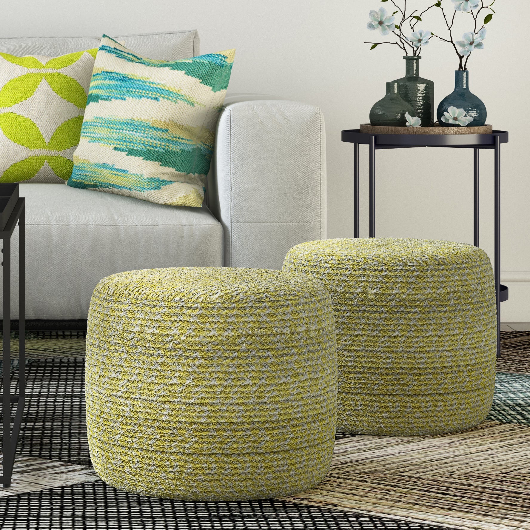 Bayley - Round Braided Pouf - Muted Yellow / Natural - Tuesday Morning - Ottomans & Poufs