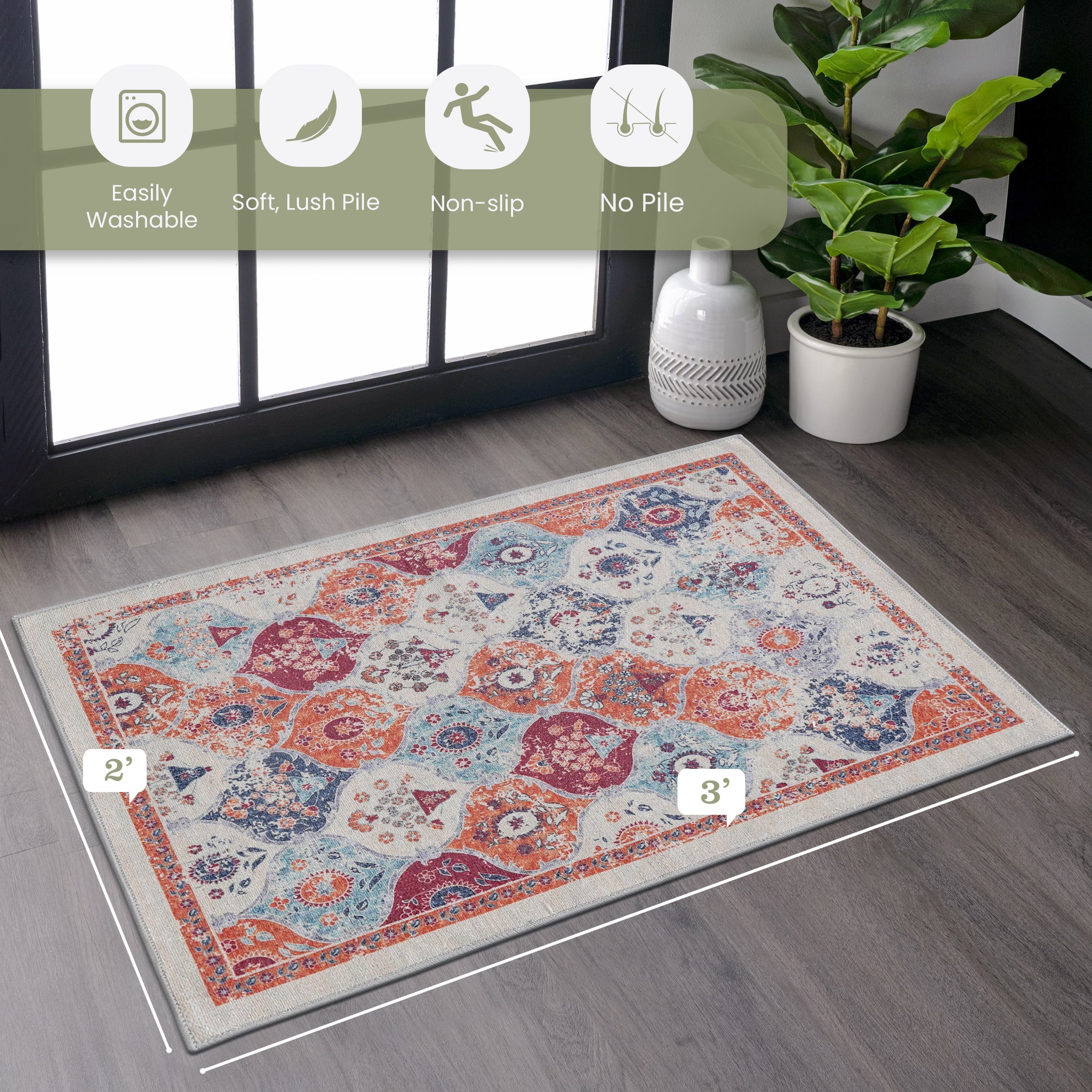 Naar Washable Area Rugs, Low-Pile, Non-Slip, Non-Shedding, Foldable, Kid & Pet Friendly