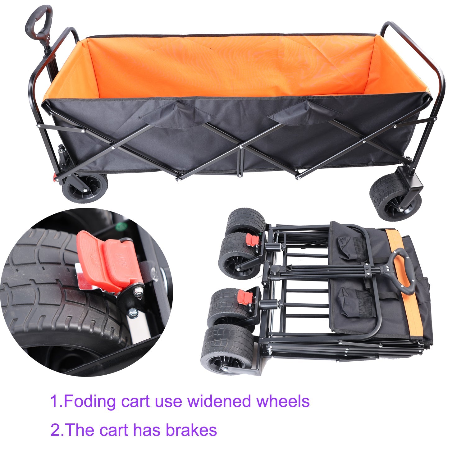 Big large capacity Folding cart Extra Long Extender Wagon Cart Folding Wagon Garden Shopping Beach Cart (black + orange) - Tuesday Morning - Camping & Hiking