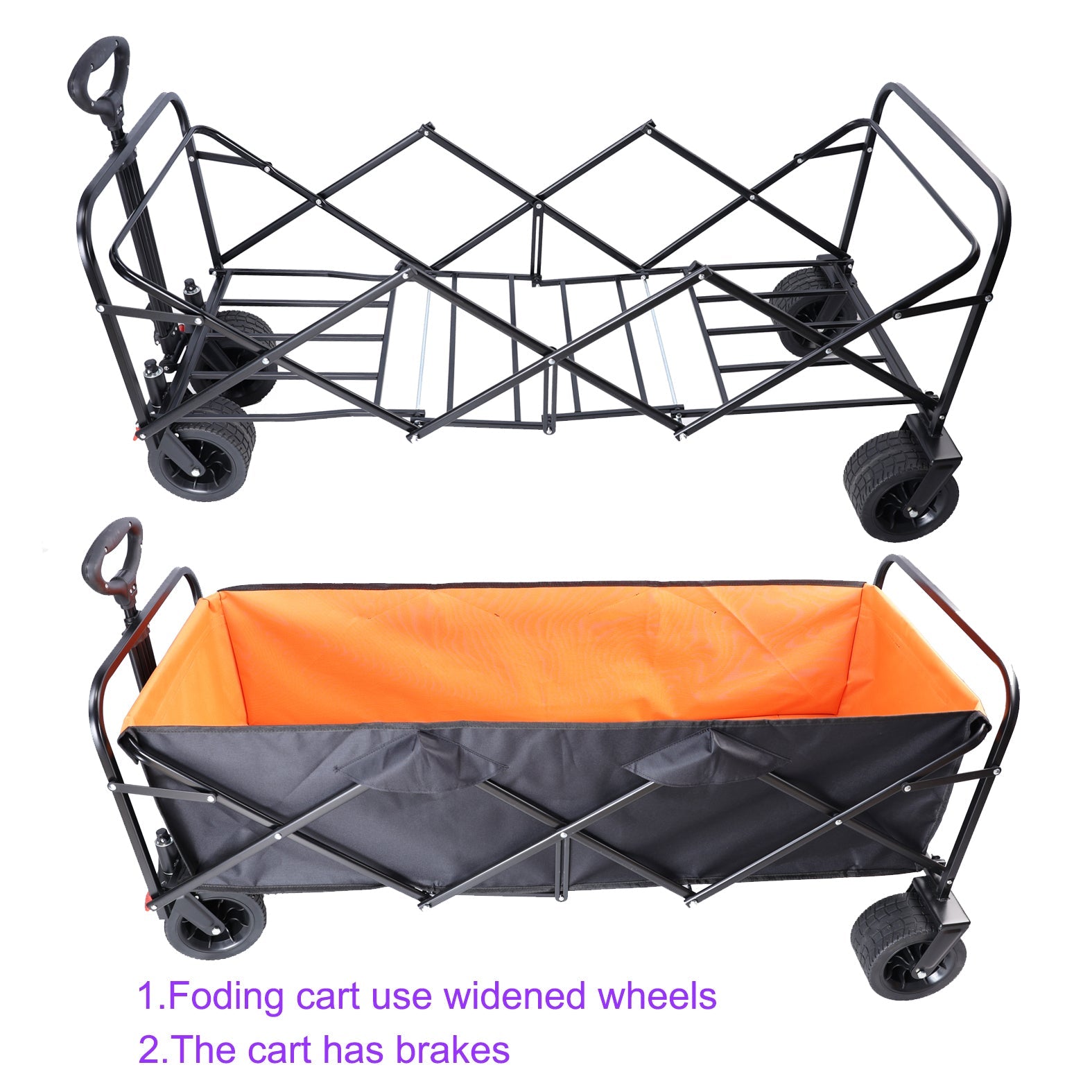 Big large capacity Folding cart Extra Long Extender Wagon Cart Folding Wagon Garden Shopping Beach Cart (black + orange) - Tuesday Morning - Camping & Hiking