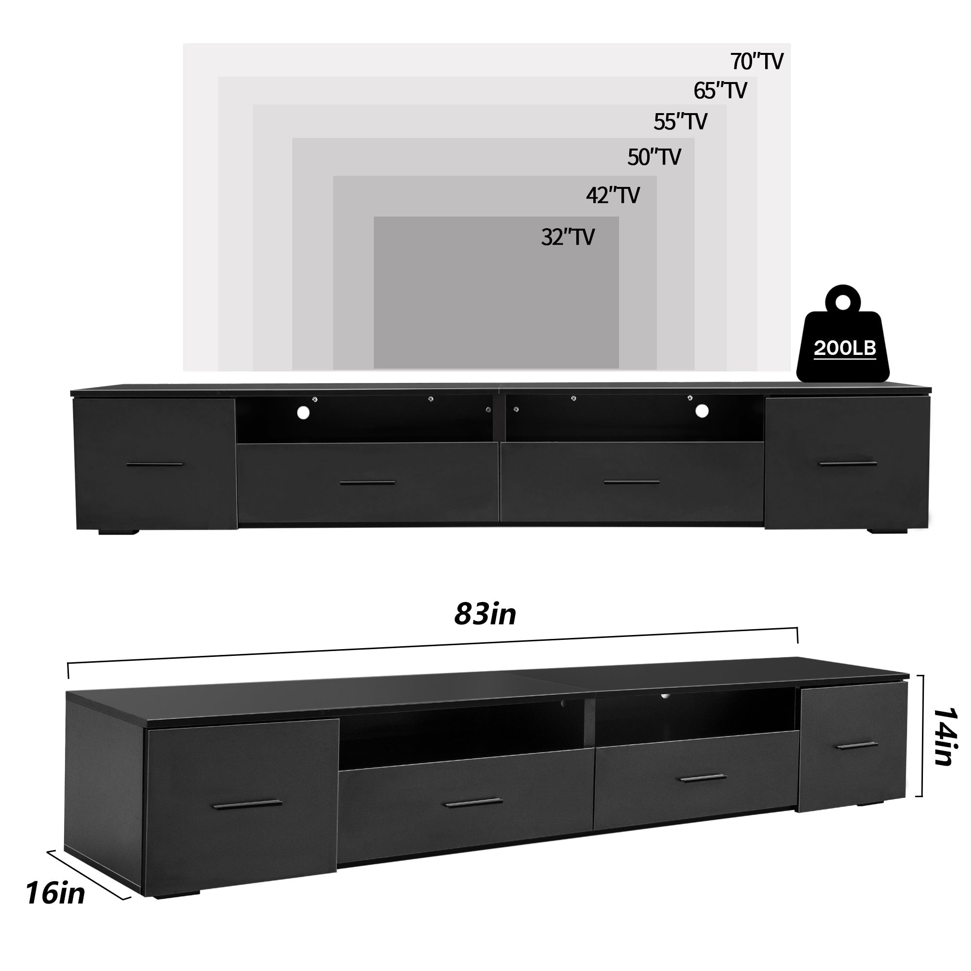 Black TV Stand for Living Room, Modern Entertainment Center Stand for TV Up to 90 Inch, Large Led TV Stand with 4 Storage Drawers, High Glossy Waterproof TV Console, TV Table Media Furniture - Tuesday Morning - Entertainment Centers & TV Stands