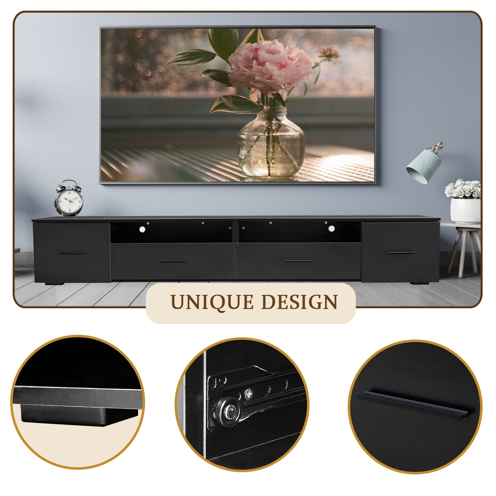 Black TV Stand for Living Room, Modern Entertainment Center Stand for TV Up to 90 Inch, Large Led TV Stand with 4 Storage Drawers, High Glossy Waterproof TV Console, TV Table Media Furniture - Tuesday Morning - Entertainment Centers & TV Stands