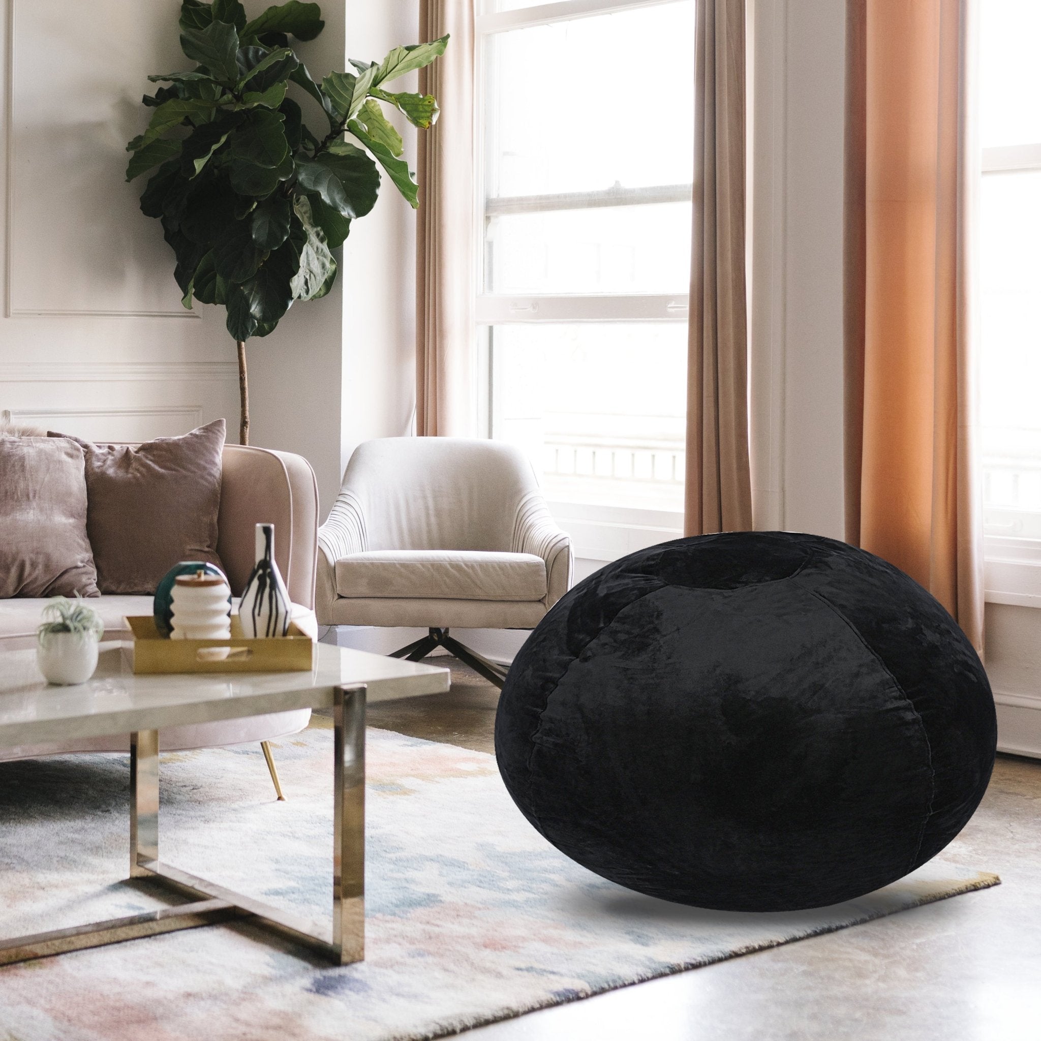 Black Velvet Bean Bag Chair, 5ft Plush Floor Chair with Washable Cover - Filled with Shredded Memory Foam. - Tuesday Morning - Beanbags