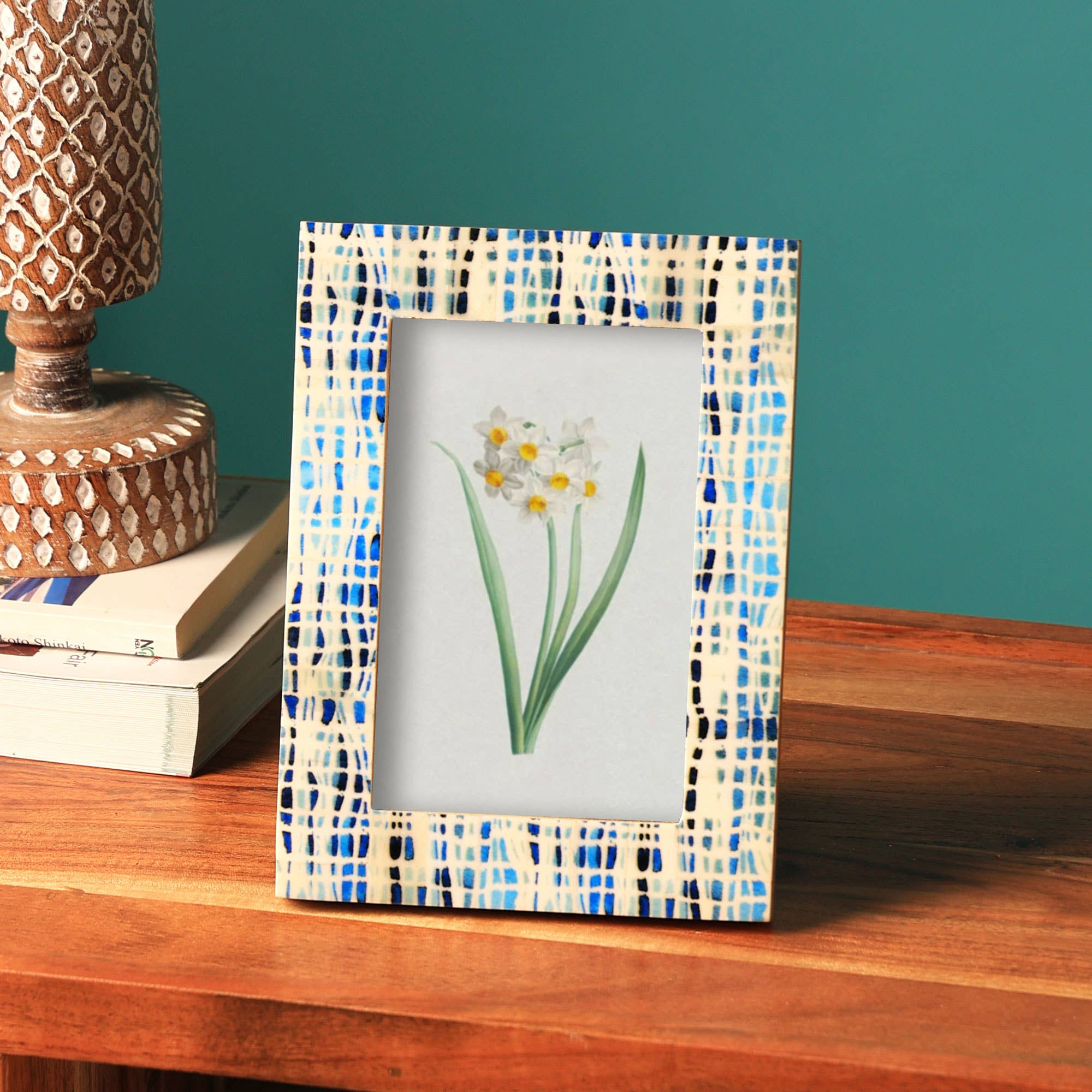 Bone Frame With Blue Pattern - Tuesday Morning - Photo Frames & Albums