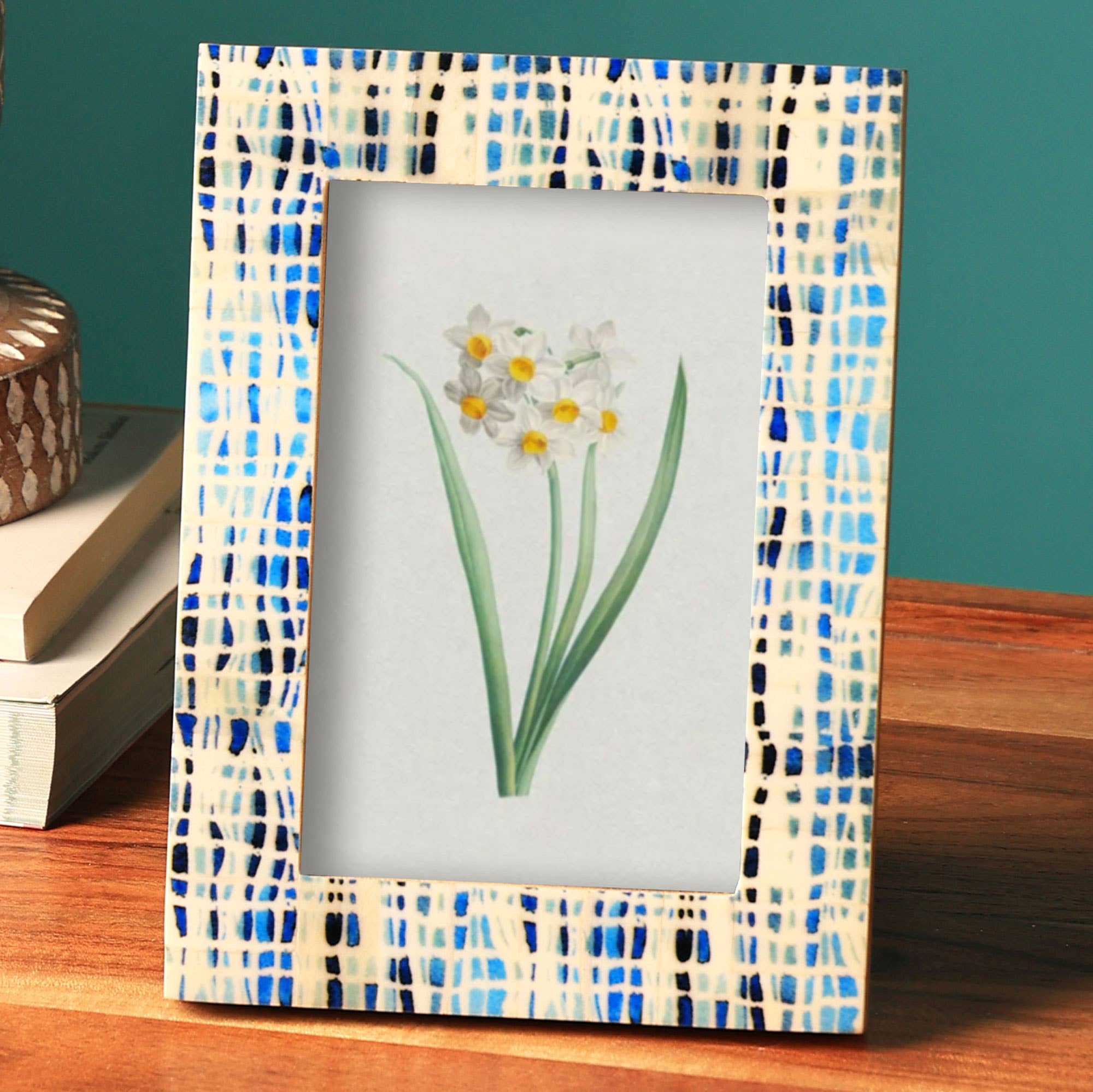 Bone Frame With Blue Pattern - Tuesday Morning - Photo Frames & Albums