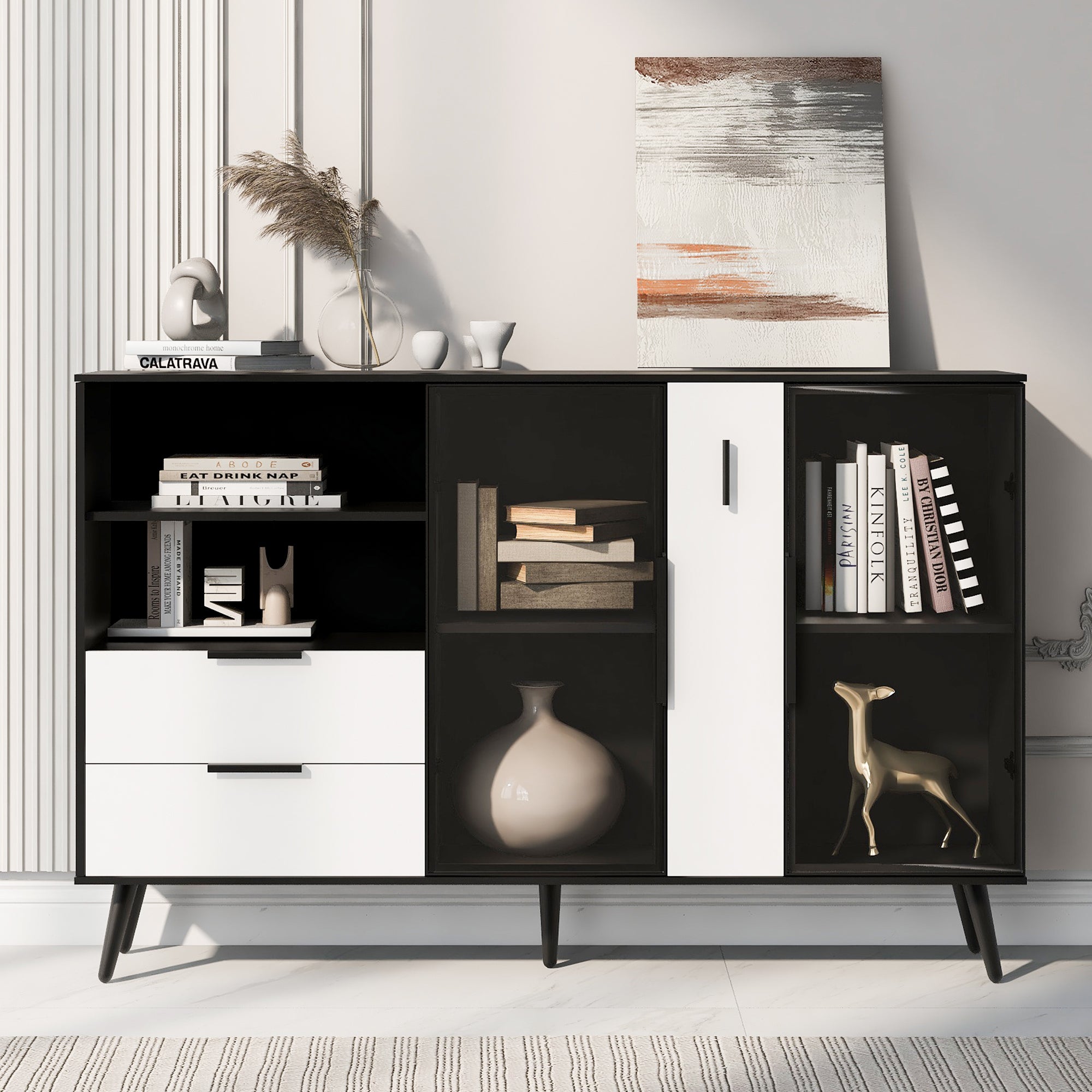 U_STYLE-Featured-Two-door-Storage-Cabinet-with-Two-Drawers-and-Metal-Handles,-Suitable-for-Corridors,-Entrances,-Living-rooms.-