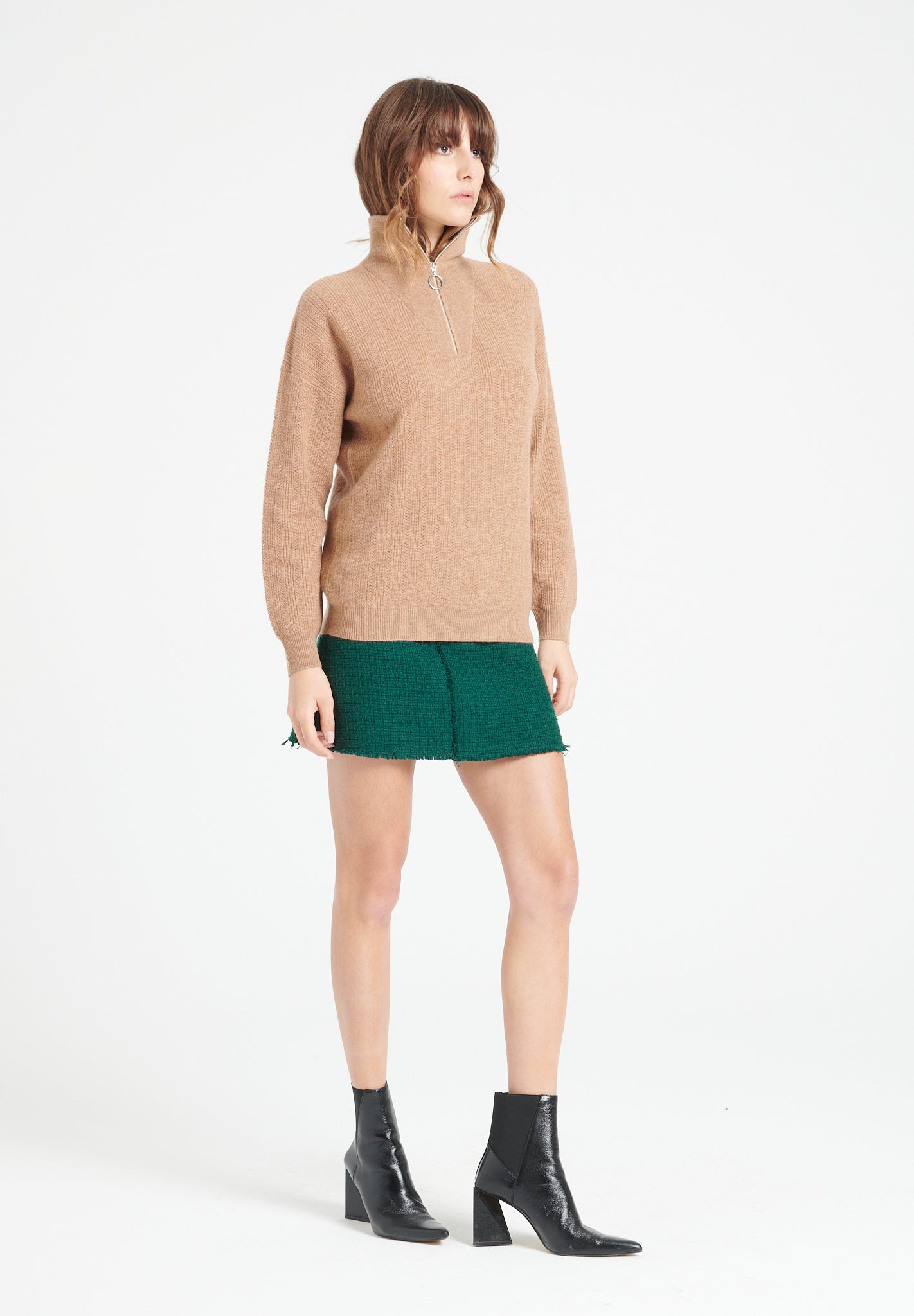 Camel cashmere rib - knit zip - up funnel - neck sweater - Tuesday Morning - Sweaters & Hoodies