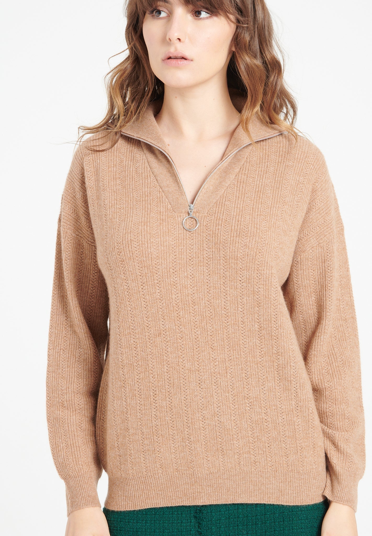 Camel cashmere rib - knit zip - up funnel - neck sweater - Tuesday Morning - Sweaters & Hoodies