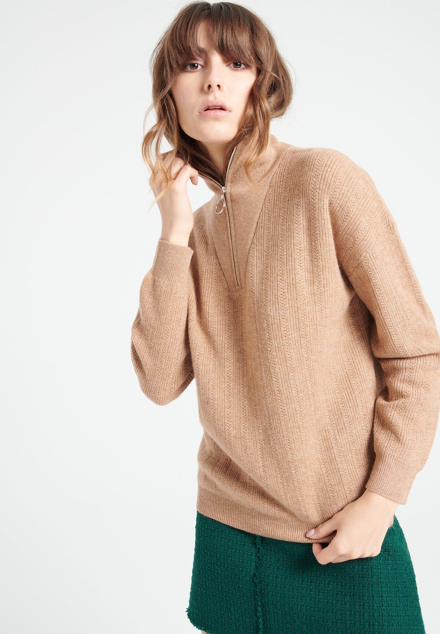 Camel cashmere rib - knit zip - up funnel - neck sweater - Tuesday Morning - Sweaters & Hoodies