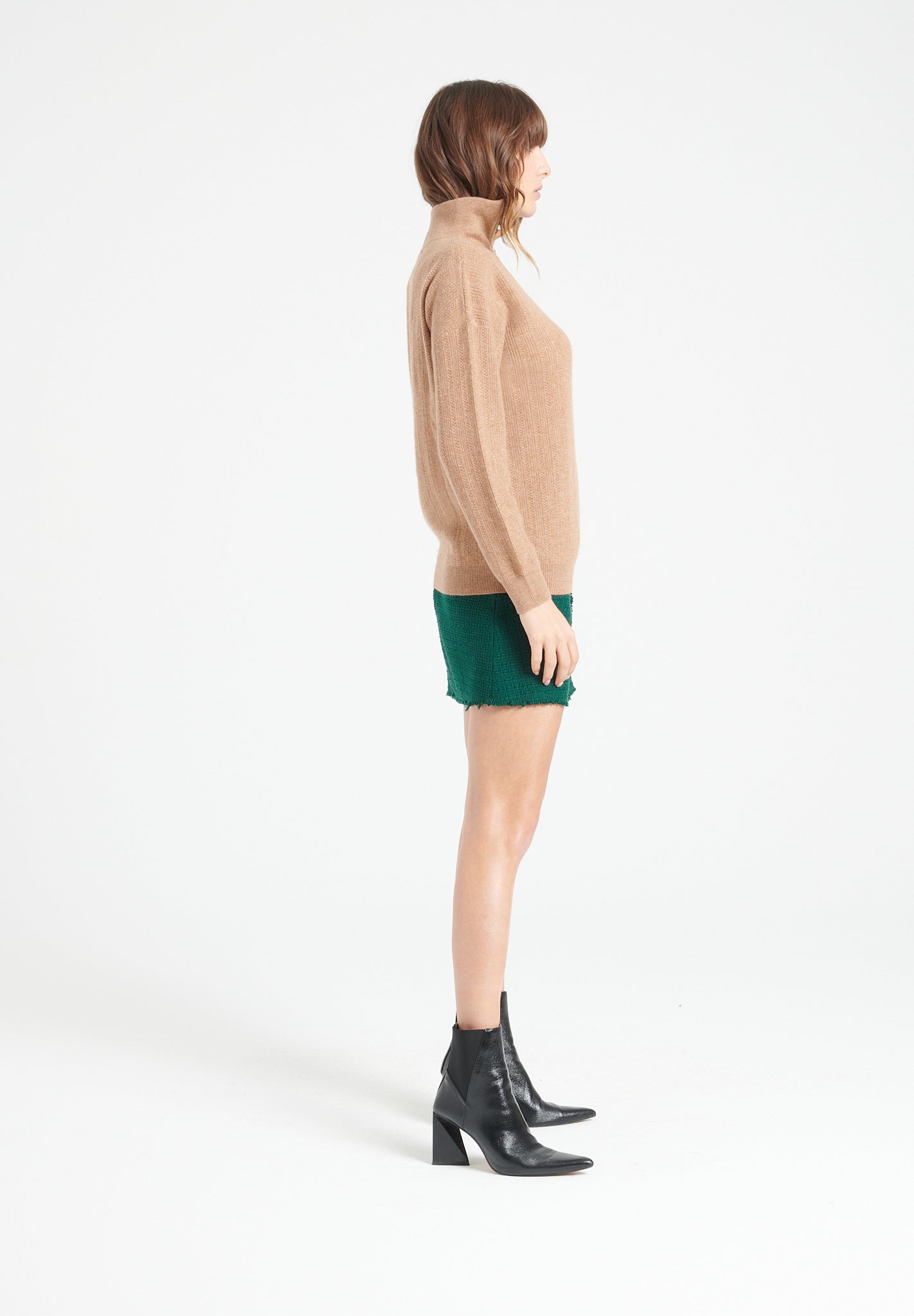 Camel cashmere rib - knit zip - up funnel - neck sweater - Tuesday Morning - Sweaters & Hoodies