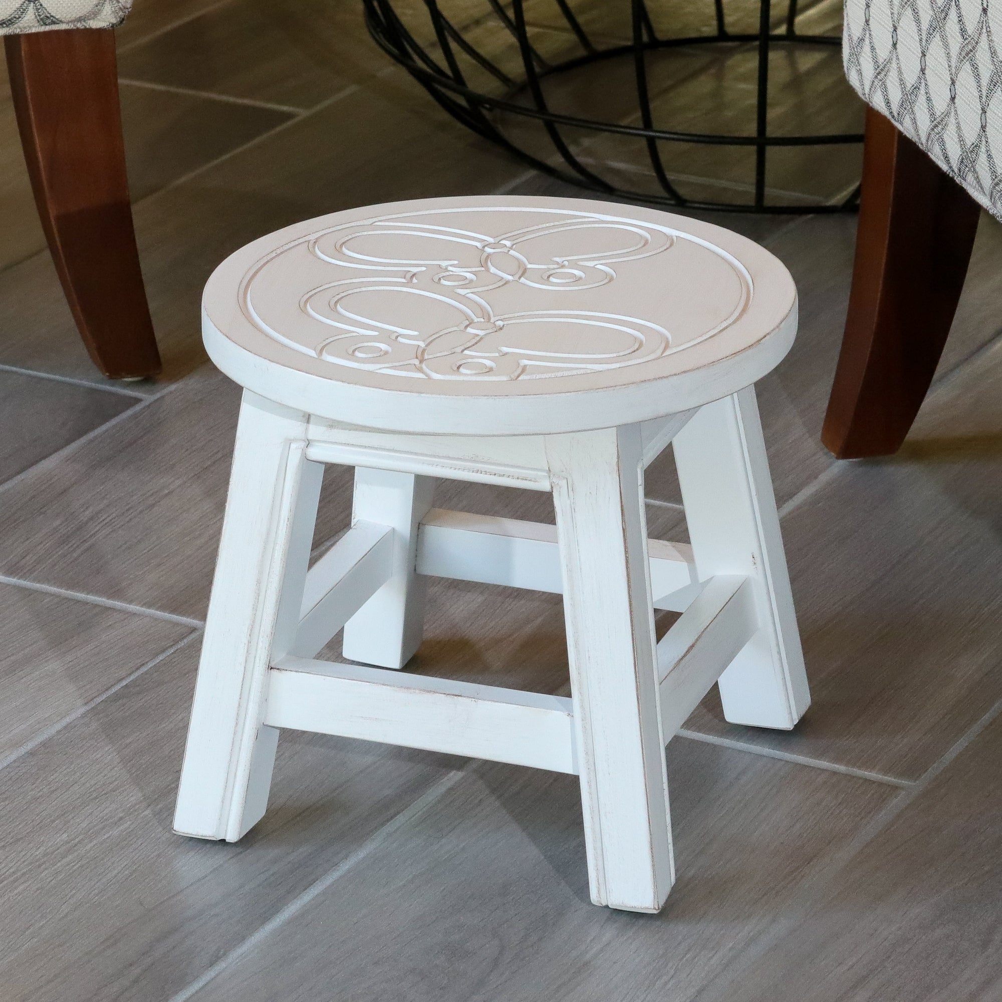 Carved Wooden Step Stool, Butterflies, Antique White - Tuesday Morning - Table & Bar Stools