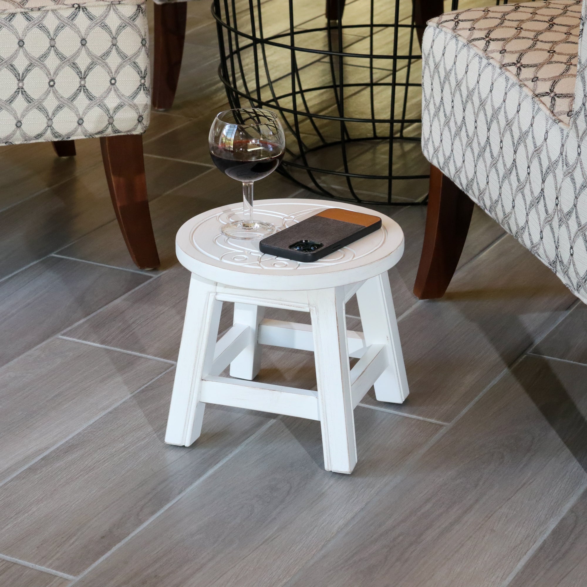 Carved Wooden Step Stool, Butterflies, Antique White - Tuesday Morning - Table & Bar Stools