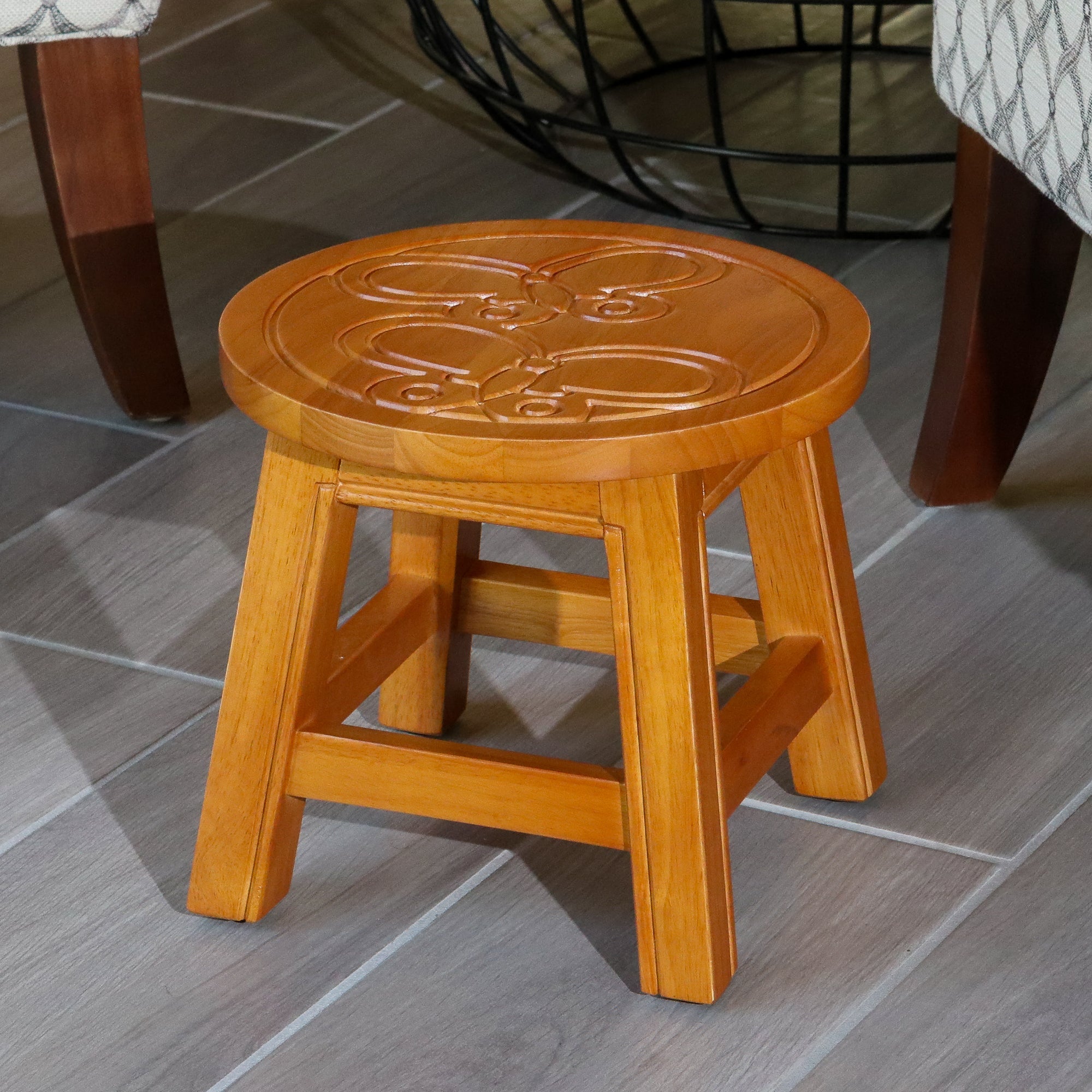 Carved Wooden Step Stool, Butterflies, Natural - Tuesday Morning - Table & Bar Stools