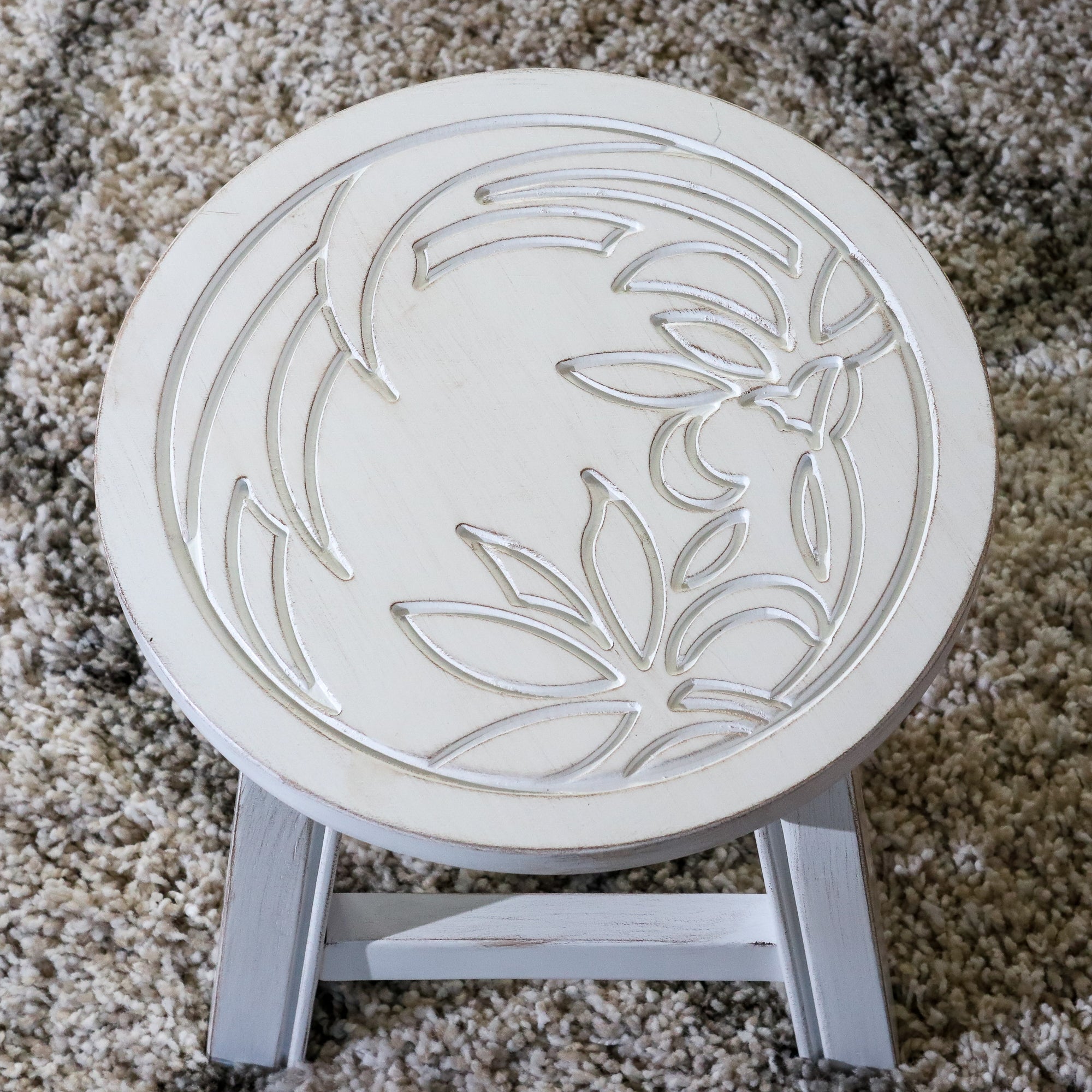 Carved Wooden Step Stool, Floral, Antique White - Tuesday Morning - Table & Bar Stools