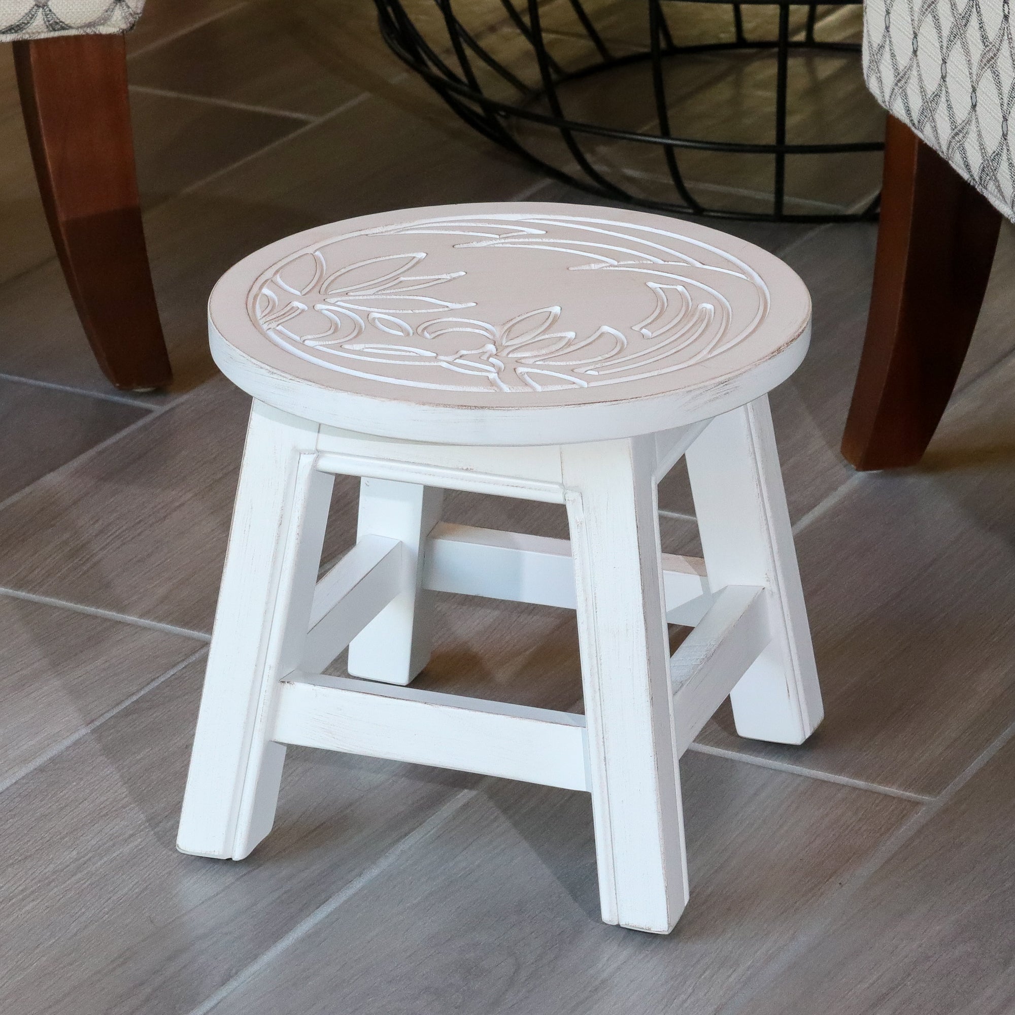 Carved Wooden Step Stool, Floral, Antique White - Tuesday Morning - Table & Bar Stools